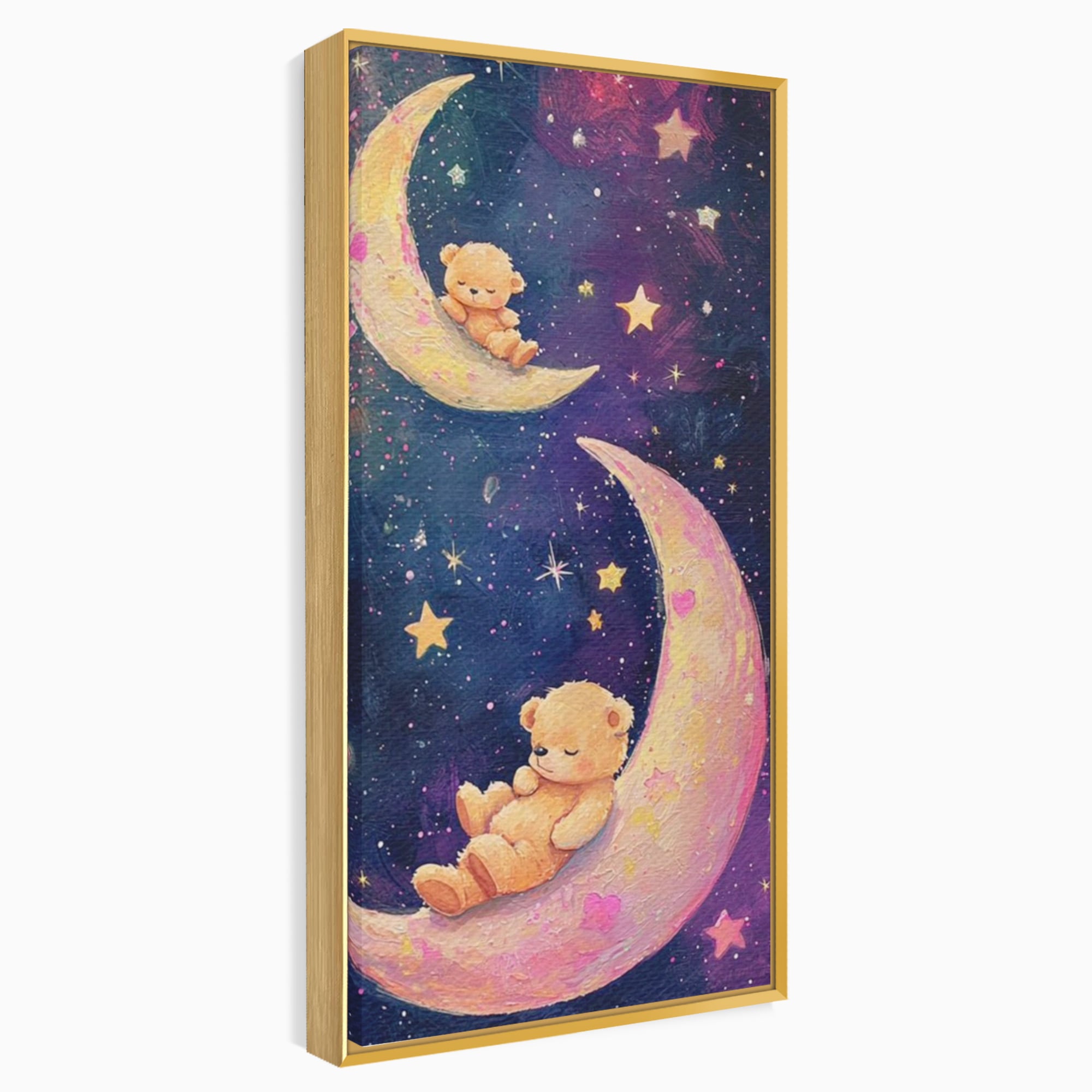 Leinwandbilder Premium, LuxCanva® K1053, Schlafen Sie ruhig unter den Sternen, Teddybären, Halbmond, Mond, Sterne, Nacht, Traum, Wiegenlied, Wiegenlied, Samt, flauschig, rosa, Universum, Kinder, Magie, Pastell, Babyzimmer, Schlafzimmer