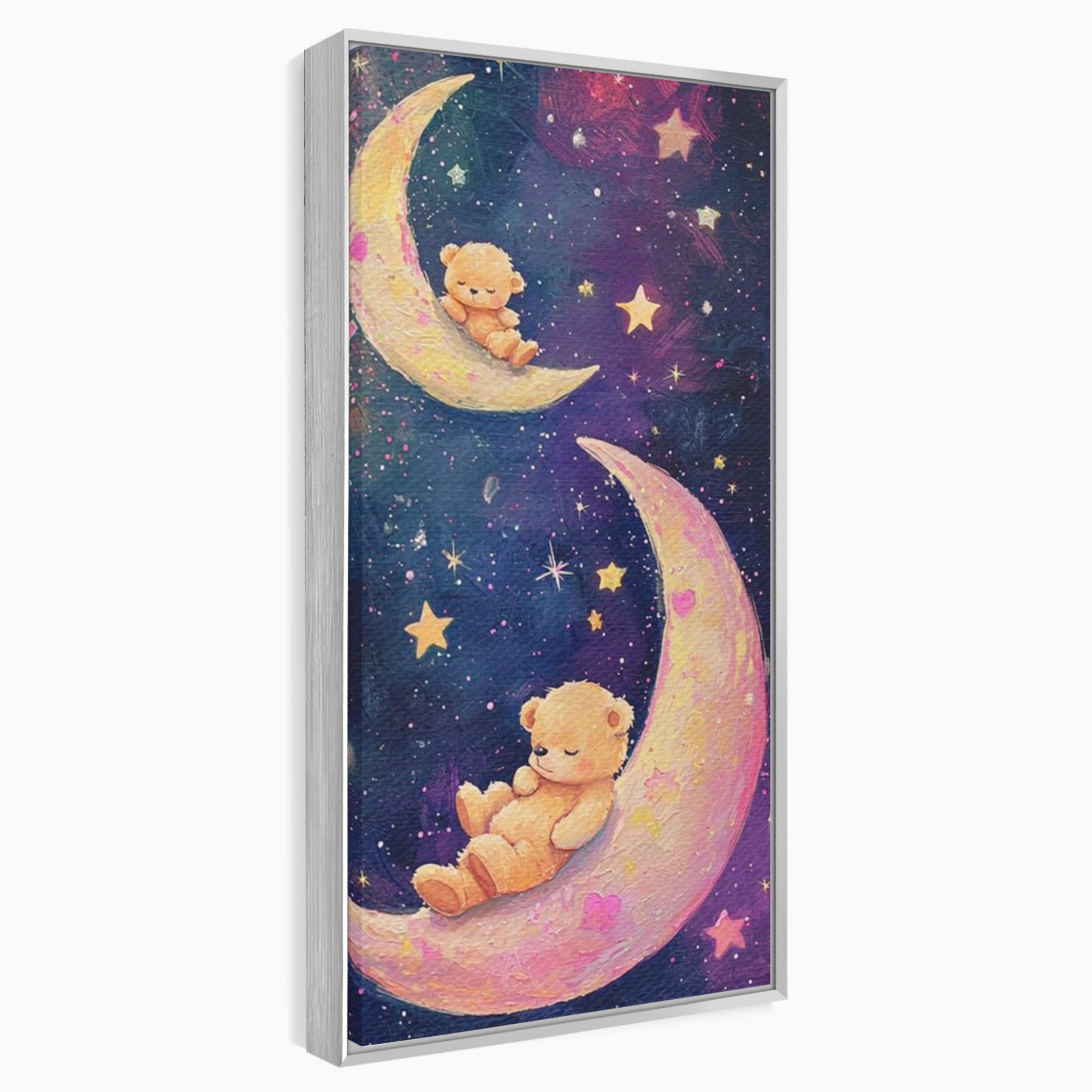 Leinwandbilder Premium, LuxCanva® K1053, Schlafen Sie ruhig unter den Sternen, Teddybären, Halbmond, Mond, Sterne, Nacht, Traum, Wiegenlied, Wiegenlied, Samt, flauschig, rosa, Universum, Kinder, Magie, Pastell, Babyzimmer, Schlafzimmer