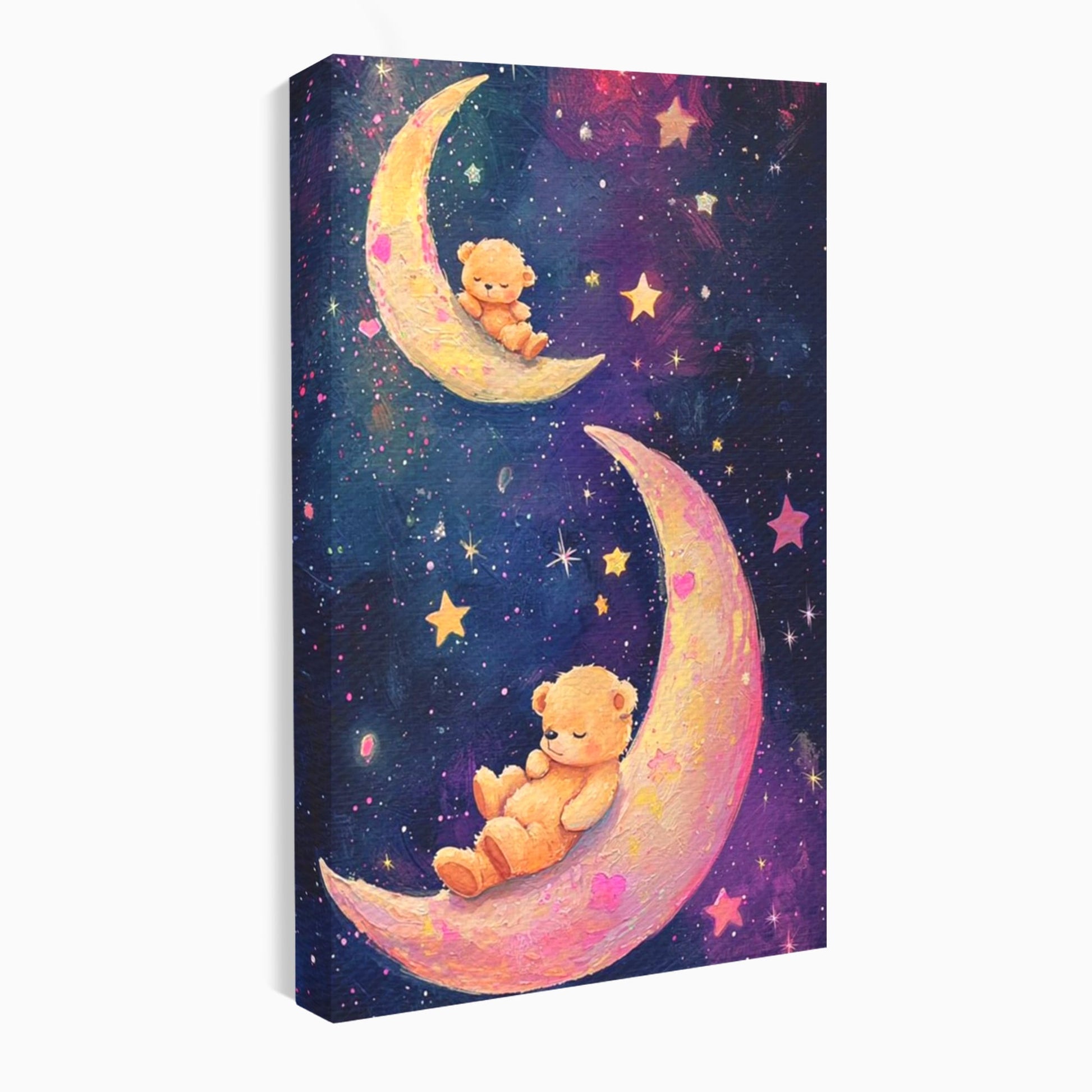 Leinwandbilder Premium, LuxCanva® K1053, Schlafen Sie ruhig unter den Sternen, Teddybären, Halbmond, Mond, Sterne, Nacht, Traum, Wiegenlied, Wiegenlied, Samt, flauschig, rosa, Universum, Kinder, Magie, Pastell, Babyzimmer, Schlafzimmer