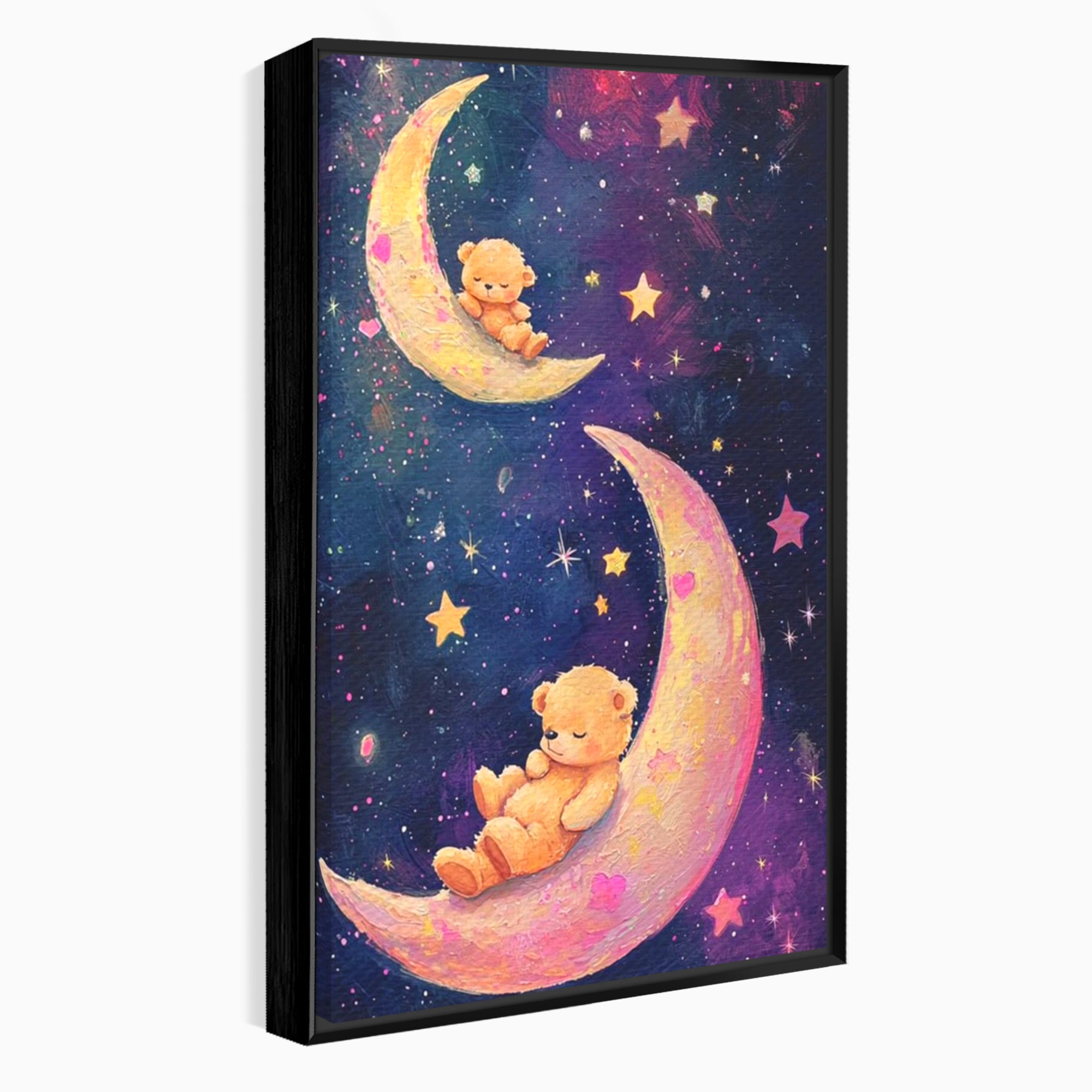 Leinwandbilder Premium, LuxCanva® K1053, Schlafen Sie ruhig unter den Sternen, Teddybären, Halbmond, Mond, Sterne, Nacht, Traum, Wiegenlied, Wiegenlied, Samt, flauschig, rosa, Universum, Kinder, Magie, Pastell, Babyzimmer, Schlafzimmer