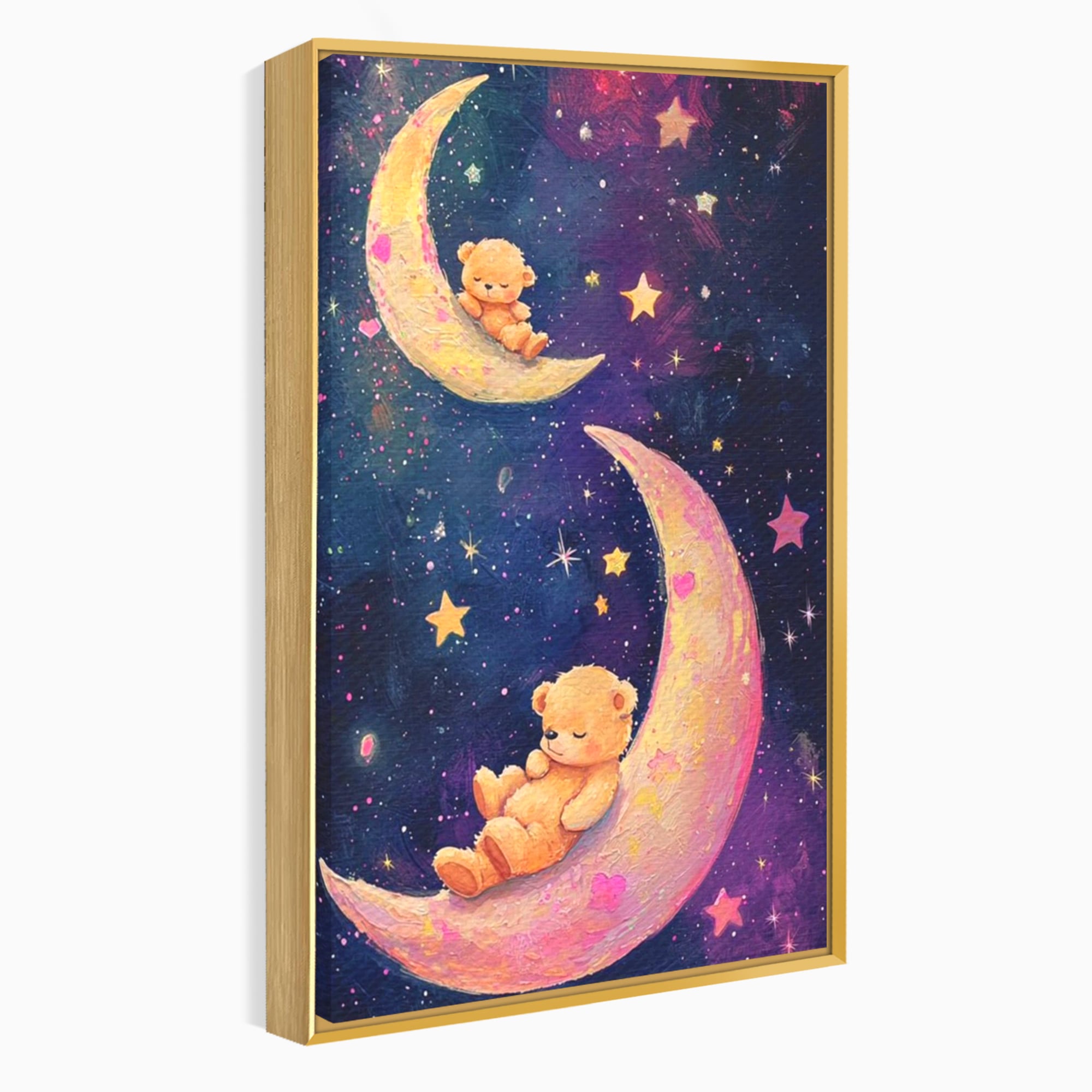 Leinwandbilder Premium, LuxCanva® K1053, Schlafen Sie ruhig unter den Sternen, Teddybären, Halbmond, Mond, Sterne, Nacht, Traum, Wiegenlied, Wiegenlied, Samt, flauschig, rosa, Universum, Kinder, Magie, Pastell, Babyzimmer, Schlafzimmer