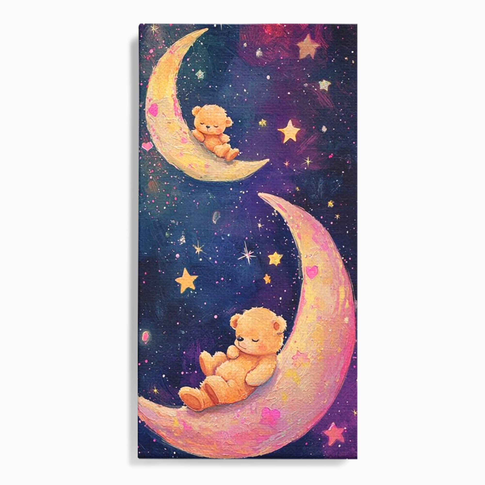 Leinwandbilder Premium, LuxCanva® K1053, Schlafen Sie ruhig unter den Sternen, Teddybären, Halbmond, Mond, Sterne, Nacht, Traum, Wiegenlied, Wiegenlied, Samt, flauschig, rosa, Universum, Kinder, Magie, Pastell, Babyzimmer, Schlafzimmer