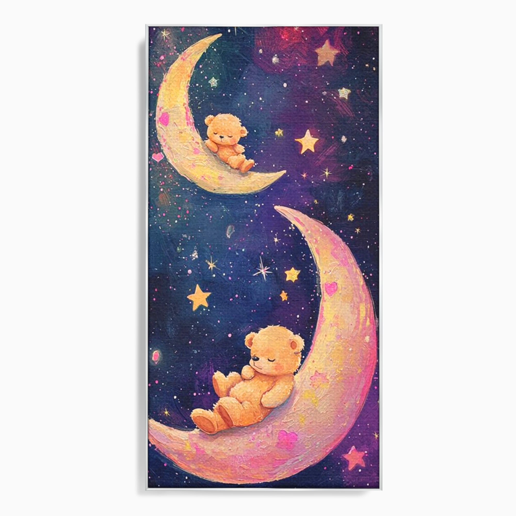 Leinwandbilder Premium, LuxCanva® K1053, Schlafen Sie ruhig unter den Sternen, Teddybären, Halbmond, Mond, Sterne, Nacht, Traum, Wiegenlied, Wiegenlied, Samt, flauschig, rosa, Universum, Kinder, Magie, Pastell, Babyzimmer, Schlafzimmer