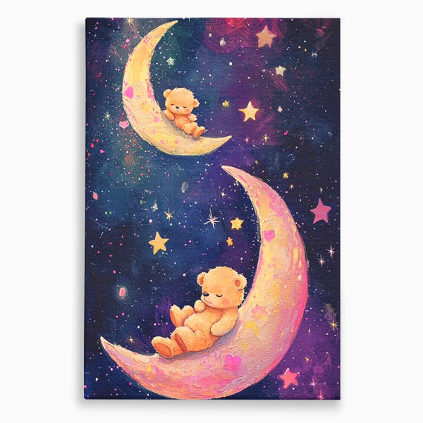 Leinwandbilder Premium, LuxCanva® K1053, Schlafen Sie ruhig unter den Sternen, Teddybären, Halbmond, Mond, Sterne, Nacht, Traum, Wiegenlied, Wiegenlied, Samt, flauschig, rosa, Universum, Kinder, Magie, Pastell, Babyzimmer, Schlafzimmer