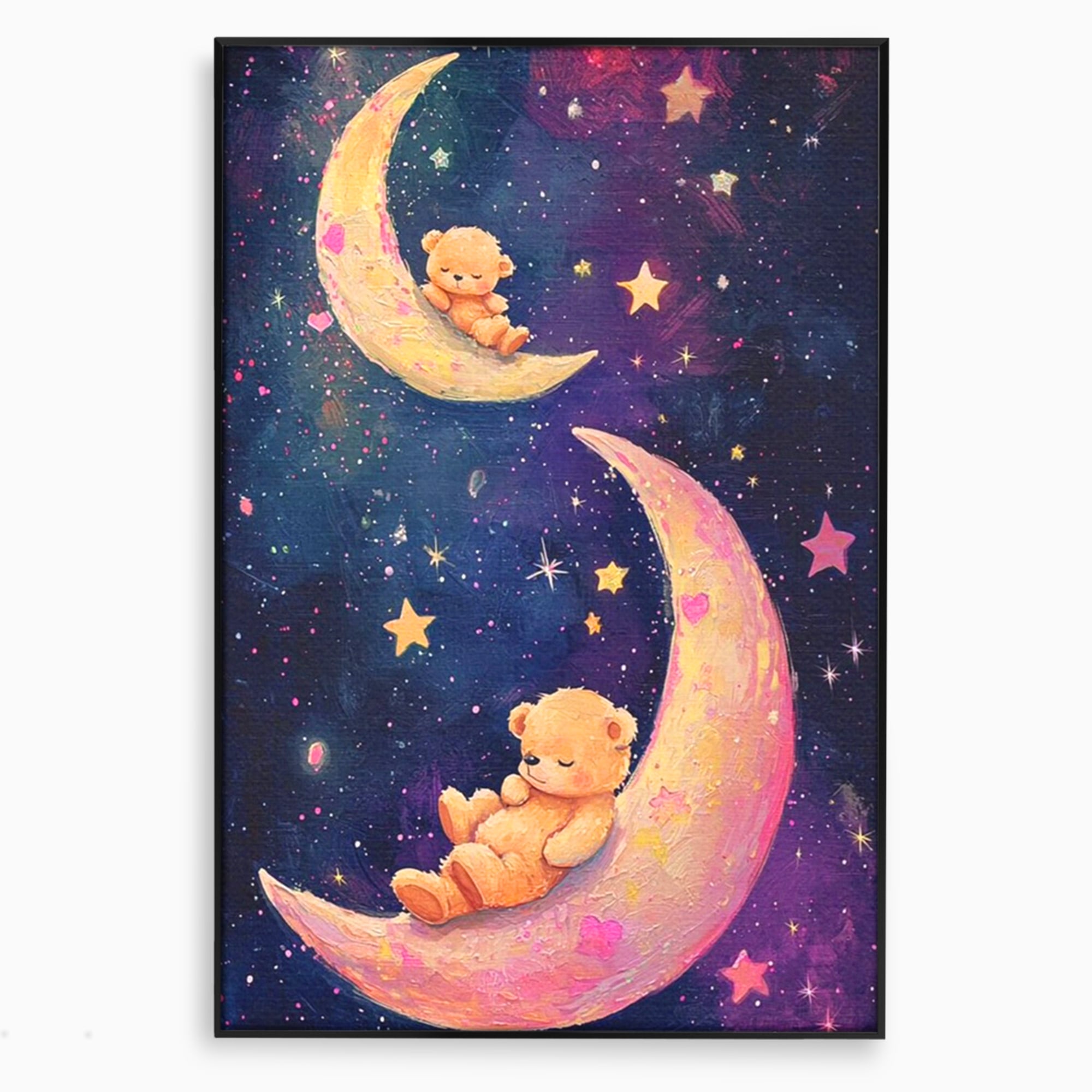 Leinwandbilder Premium, LuxCanva® K1053, Schlafen Sie ruhig unter den Sternen, Teddybären, Halbmond, Mond, Sterne, Nacht, Traum, Wiegenlied, Wiegenlied, Samt, flauschig, rosa, Universum, Kinder, Magie, Pastell, Babyzimmer, Schlafzimmer
