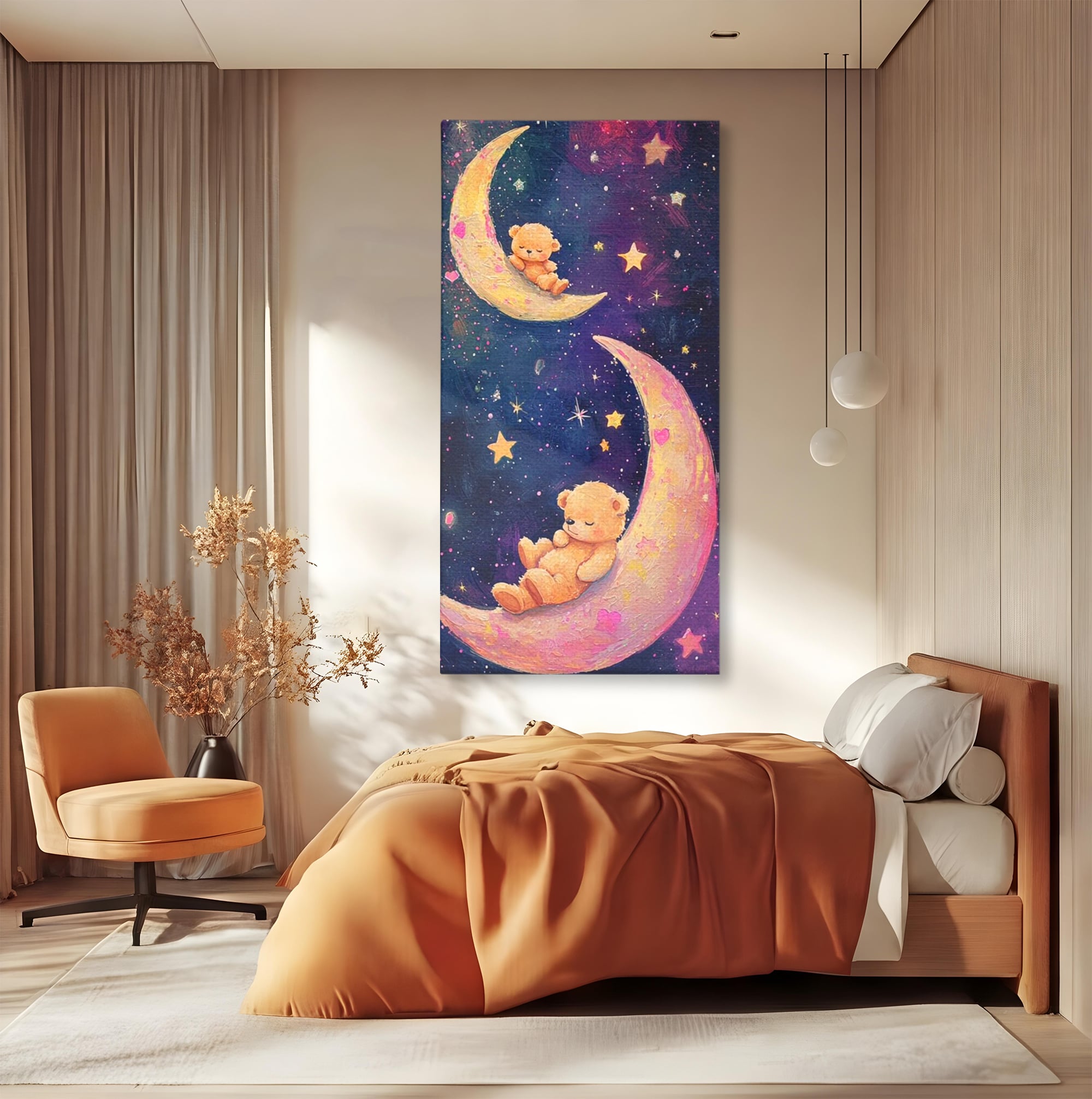Leinwandbilder Premium, LuxCanva® K1053, Schlafen Sie ruhig unter den Sternen, Teddybären, Halbmond, Mond, Sterne, Nacht, Traum, Wiegenlied, Wiegenlied, Samt, flauschig, rosa, Universum, Kinder, Magie, Pastell, Babyzimmer, Schlafzimmer