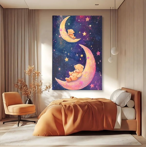 Leinwandbilder Premium, LuxCanva® K1053, Schlafen Sie ruhig unter den Sternen, Teddybären, Halbmond, Mond, Sterne, Nacht, Traum, Wiegenlied, Wiegenlied, Samt, flauschig, rosa, Universum, Kinder, Magie, Pastell, Babyzimmer, Schlafzimmer
