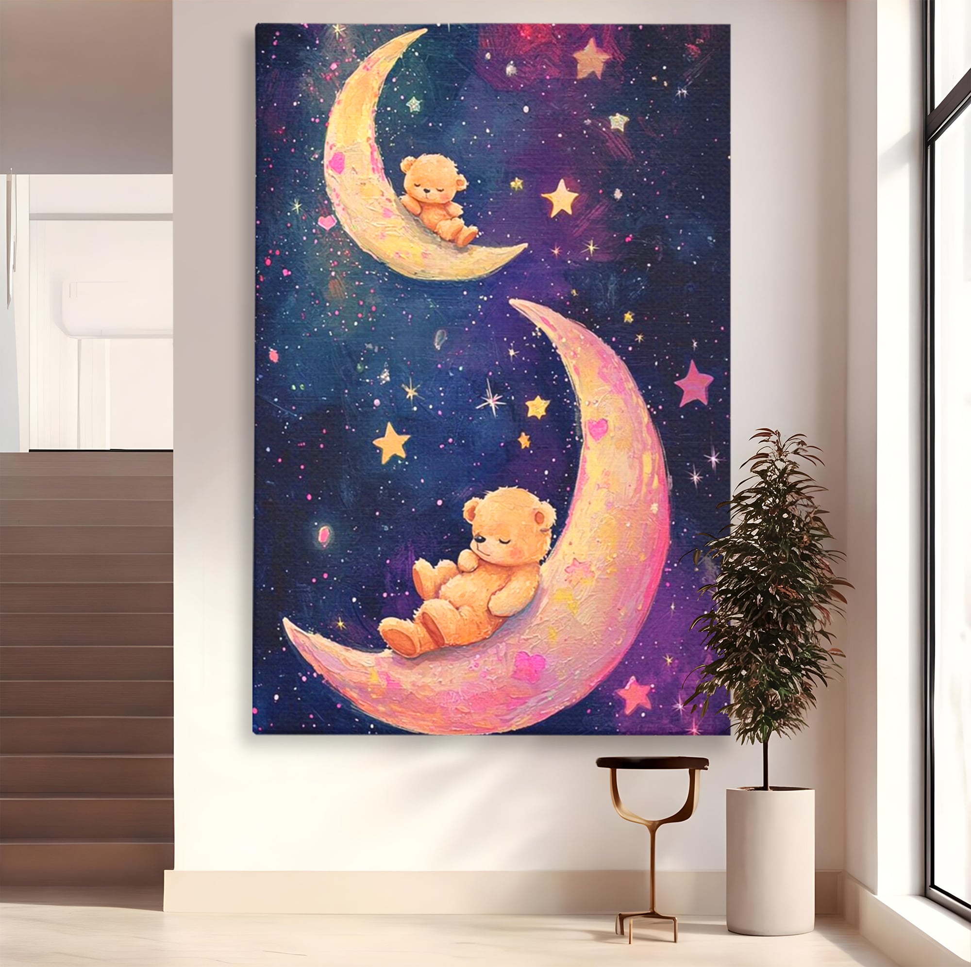 Leinwandbilder Premium, LuxCanva® K1053, Schlafen Sie ruhig unter den Sternen, Teddybären, Halbmond, Mond, Sterne, Nacht, Traum, Wiegenlied, Wiegenlied, Samt, flauschig, rosa, Universum, Kinder, Magie, Pastell, Babyzimmer, Schlafzimmer