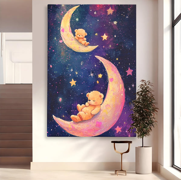 Leinwandbilder Premium, LuxCanva® K1053, Schlafen Sie ruhig unter den Sternen, Teddybären, Halbmond, Mond, Sterne, Nacht, Traum, Wiegenlied, Wiegenlied, Samt, flauschig, rosa, Universum, Kinder, Magie, Pastell, Babyzimmer, Schlafzimmer