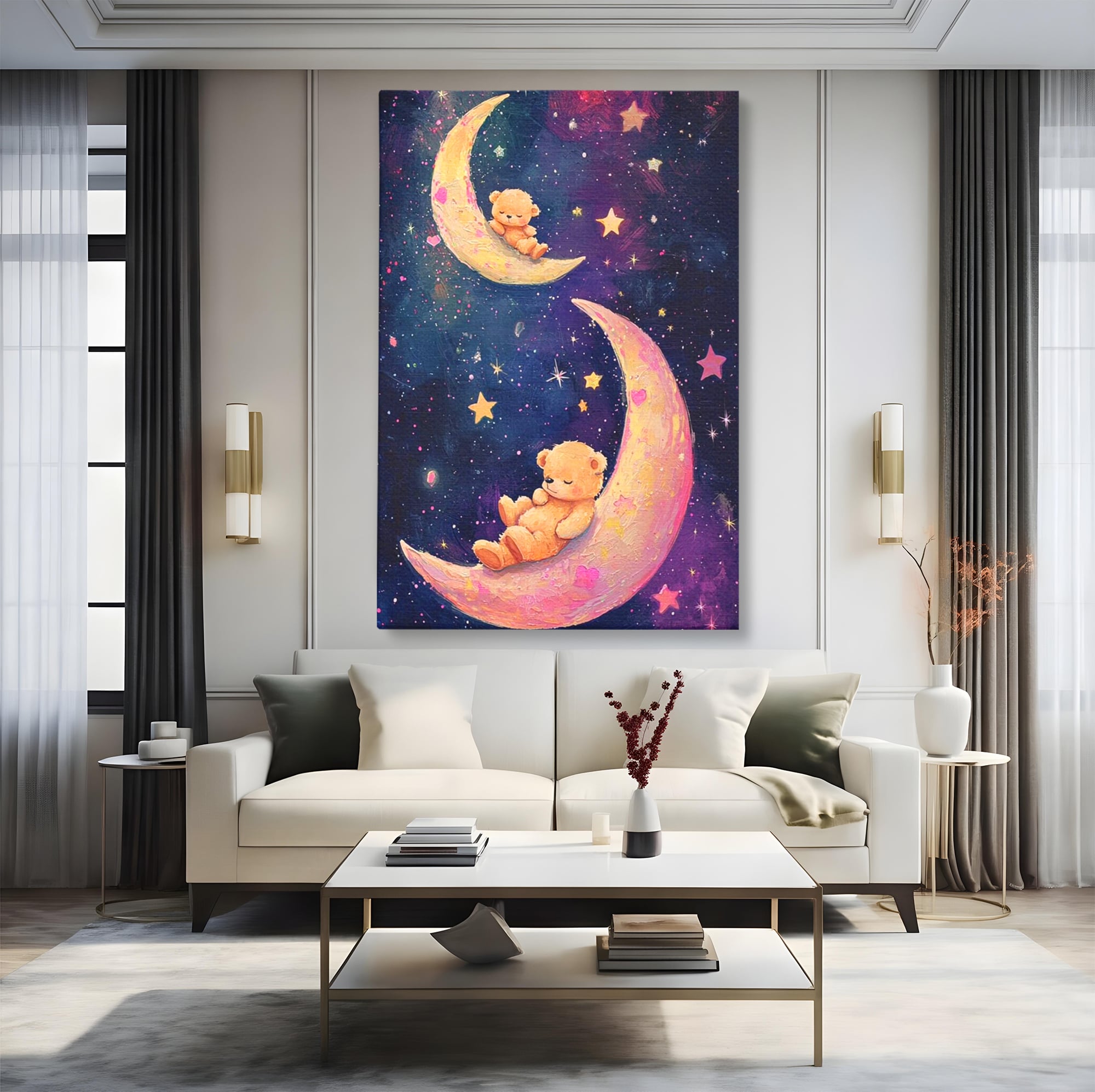 Leinwandbilder Premium, LuxCanva® K1053, Schlafen Sie ruhig unter den Sternen, Teddybären, Halbmond, Mond, Sterne, Nacht, Traum, Wiegenlied, Wiegenlied, Samt, flauschig, rosa, Universum, Kinder, Magie, Pastell, Babyzimmer, Schlafzimmer