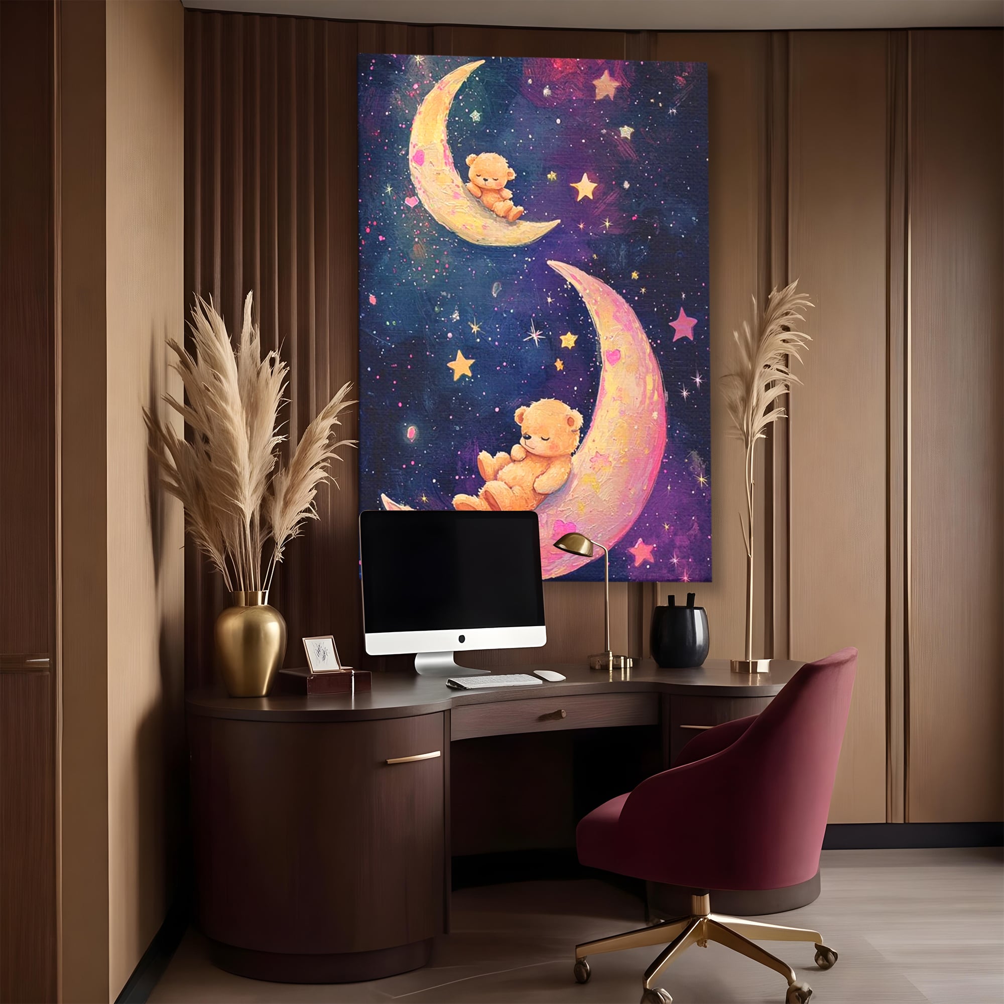 Leinwandbilder Premium, LuxCanva® K1053, Schlafen Sie ruhig unter den Sternen, Teddybären, Halbmond, Mond, Sterne, Nacht, Traum, Wiegenlied, Wiegenlied, Samt, flauschig, rosa, Universum, Kinder, Magie, Pastell, Babyzimmer, Schlafzimmer
