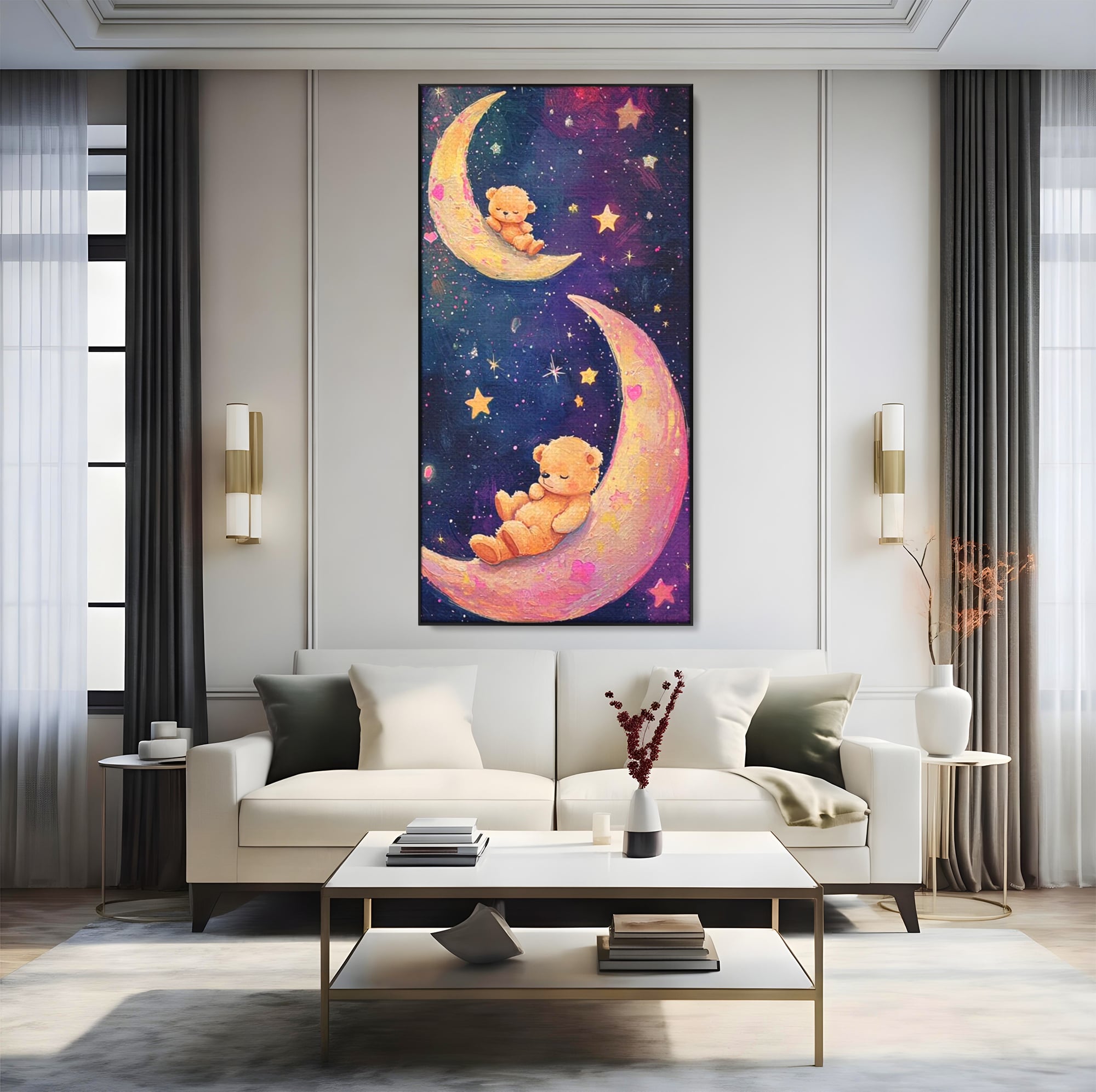 Leinwandbilder Premium, LuxCanva® K1053, Schlafen Sie ruhig unter den Sternen, Teddybären, Halbmond, Mond, Sterne, Nacht, Traum, Wiegenlied, Wiegenlied, Samt, flauschig, rosa, Universum, Kinder, Magie, Pastell, Babyzimmer, Schlafzimmer