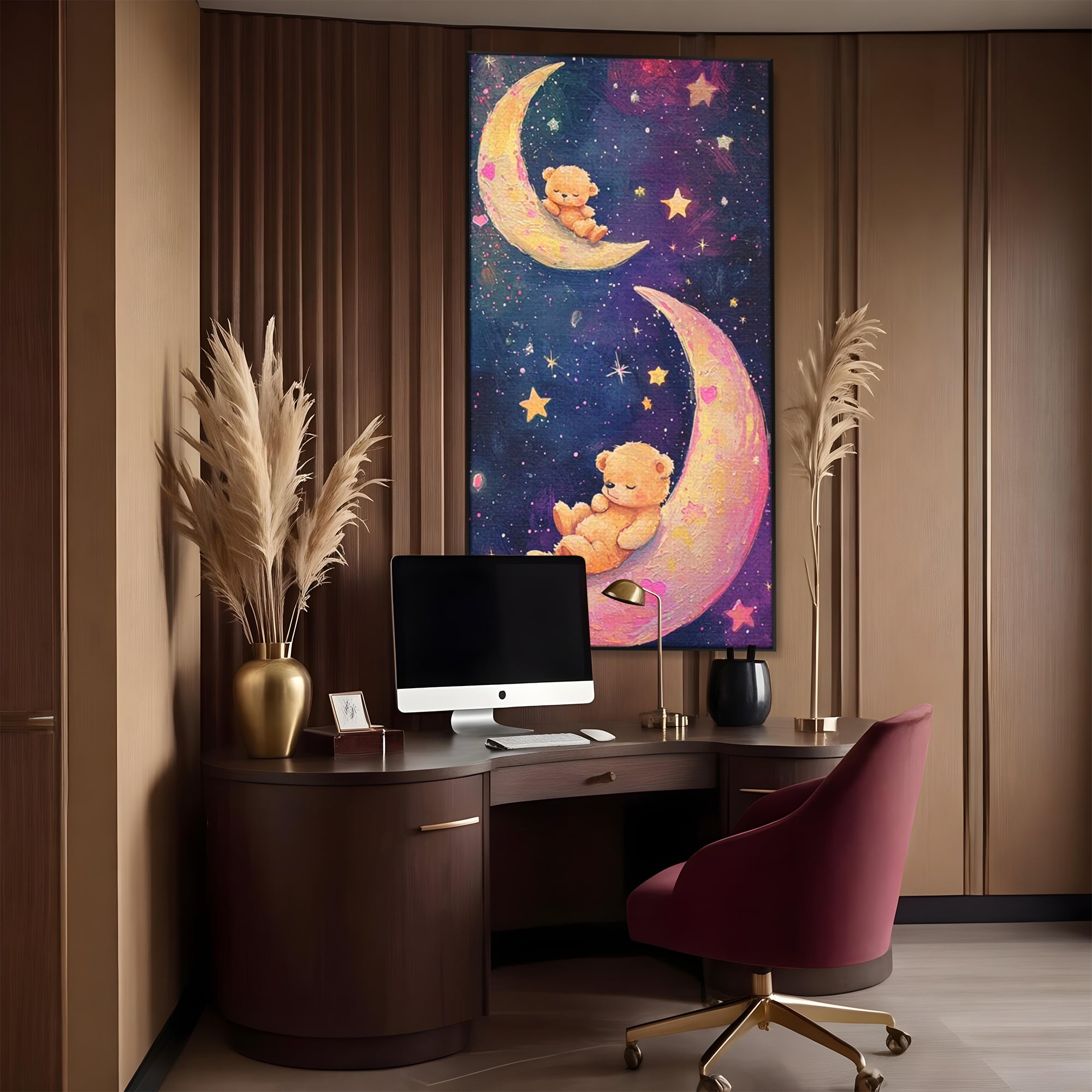 Leinwandbilder Premium, LuxCanva® K1053, Schlafen Sie ruhig unter den Sternen, Teddybären, Halbmond, Mond, Sterne, Nacht, Traum, Wiegenlied, Wiegenlied, Samt, flauschig, rosa, Universum, Kinder, Magie, Pastell, Babyzimmer, Schlafzimmer