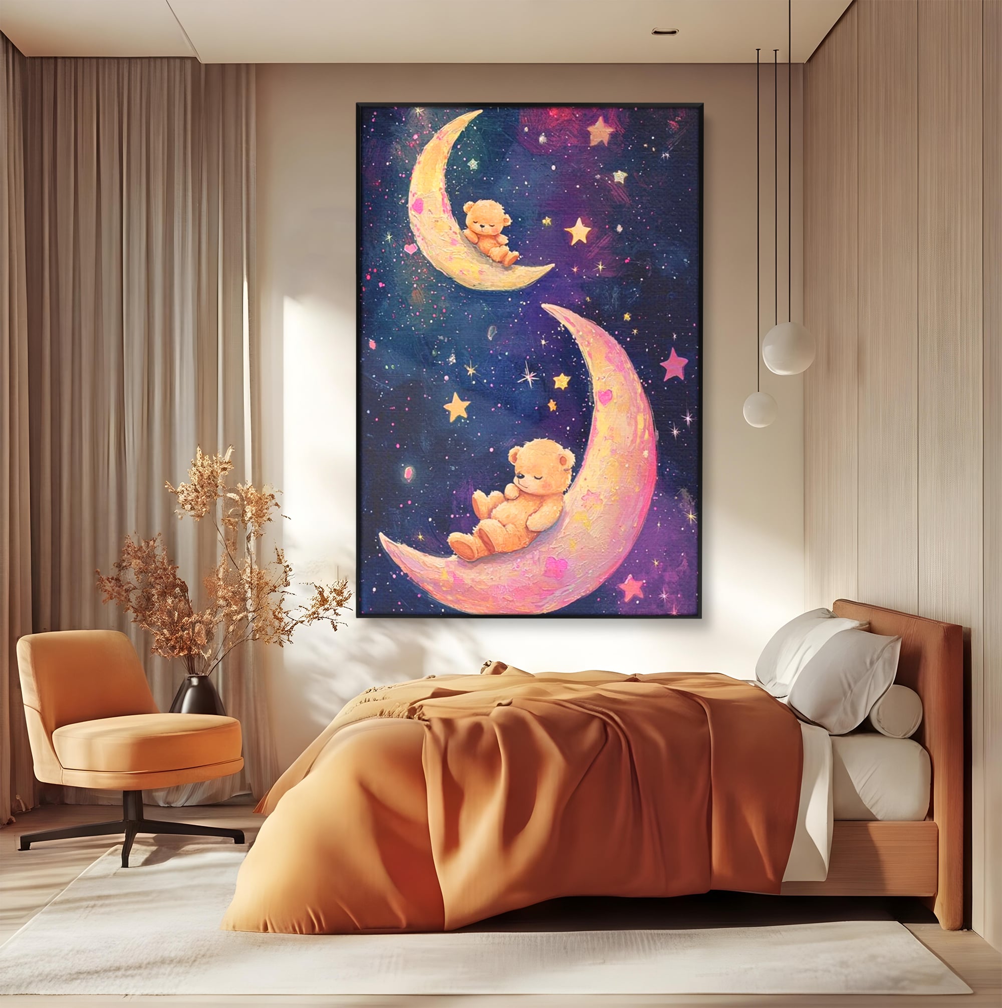 Leinwandbilder Premium, LuxCanva® K1053, Schlafen Sie ruhig unter den Sternen, Teddybären, Halbmond, Mond, Sterne, Nacht, Traum, Wiegenlied, Wiegenlied, Samt, flauschig, rosa, Universum, Kinder, Magie, Pastell, Babyzimmer, Schlafzimmer