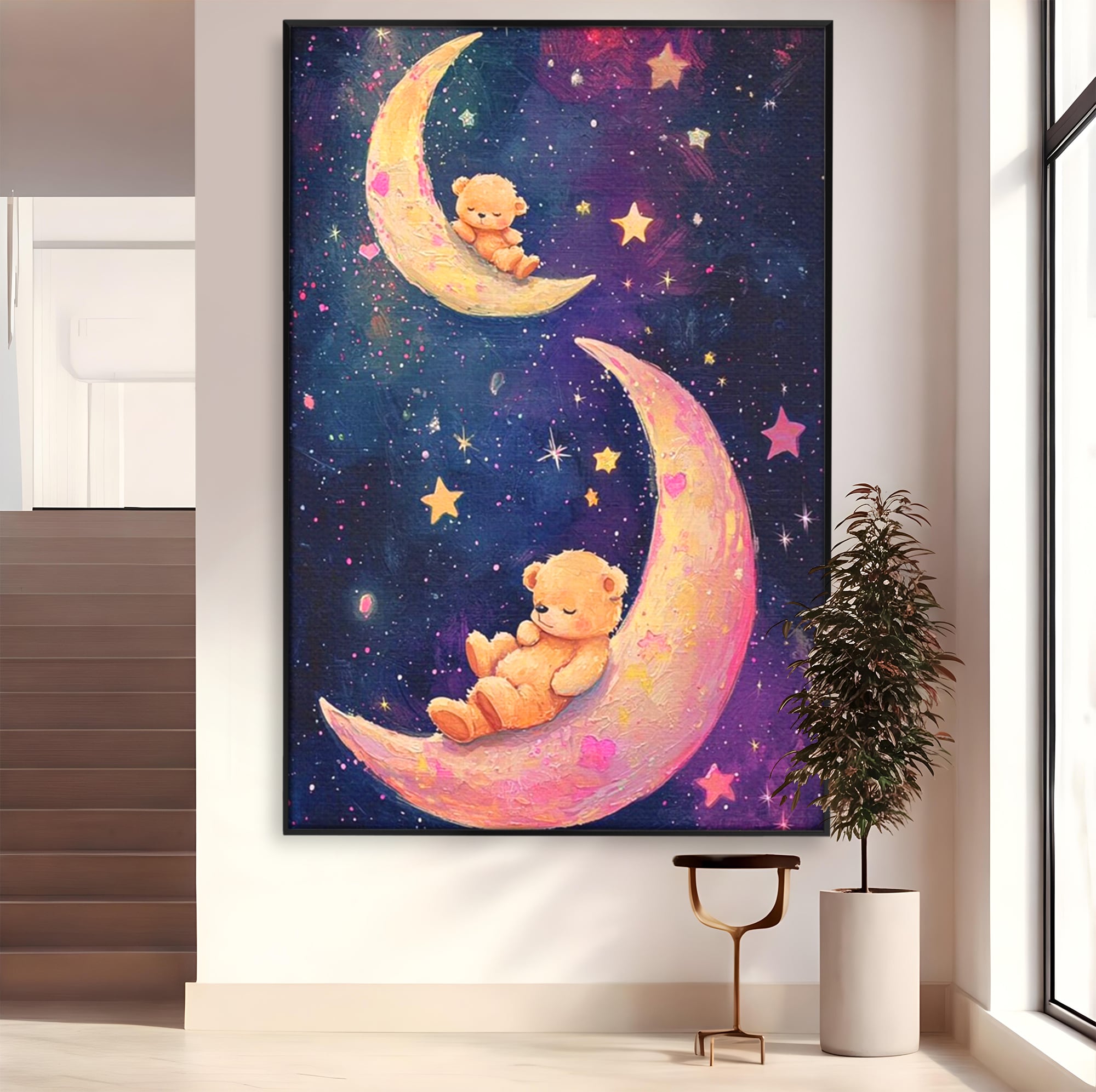 Leinwandbilder Premium, LuxCanva® K1053, Schlafen Sie ruhig unter den Sternen, Teddybären, Halbmond, Mond, Sterne, Nacht, Traum, Wiegenlied, Wiegenlied, Samt, flauschig, rosa, Universum, Kinder, Magie, Pastell, Babyzimmer, Schlafzimmer