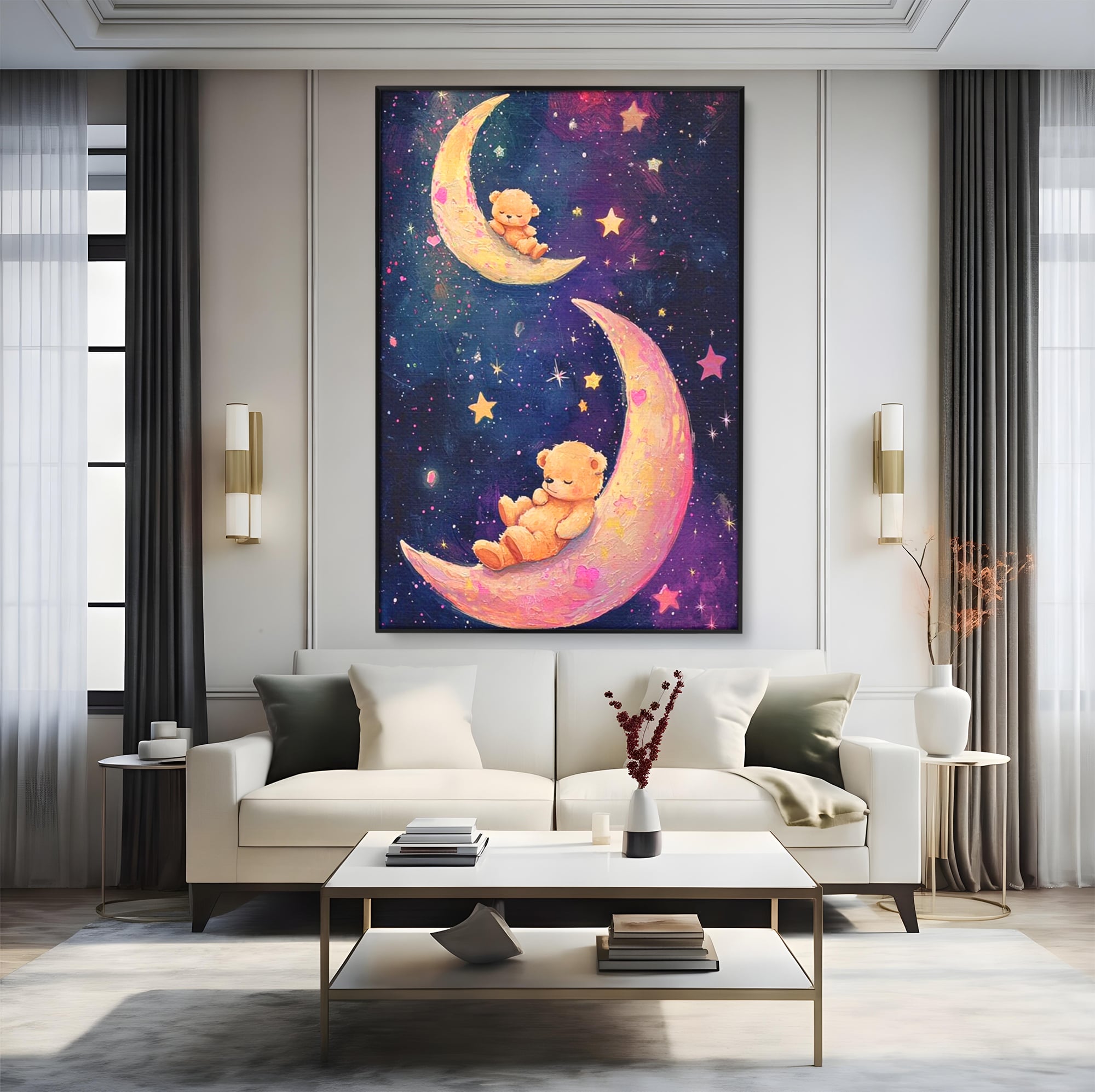Leinwandbilder Premium, LuxCanva® K1053, Schlafen Sie ruhig unter den Sternen, Teddybären, Halbmond, Mond, Sterne, Nacht, Traum, Wiegenlied, Wiegenlied, Samt, flauschig, rosa, Universum, Kinder, Magie, Pastell, Babyzimmer, Schlafzimmer