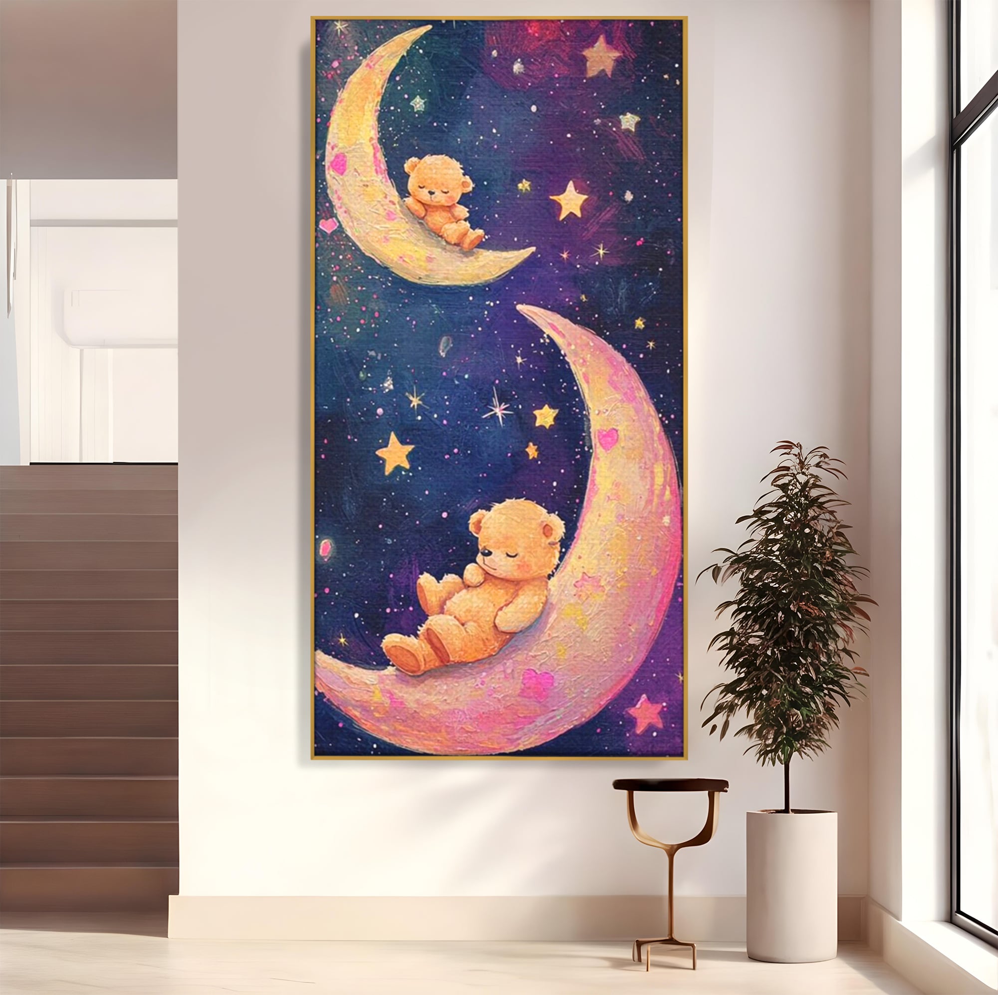 Leinwandbilder Premium, LuxCanva® K1053, Schlafen Sie ruhig unter den Sternen, Teddybären, Halbmond, Mond, Sterne, Nacht, Traum, Wiegenlied, Wiegenlied, Samt, flauschig, rosa, Universum, Kinder, Magie, Pastell, Babyzimmer, Schlafzimmer