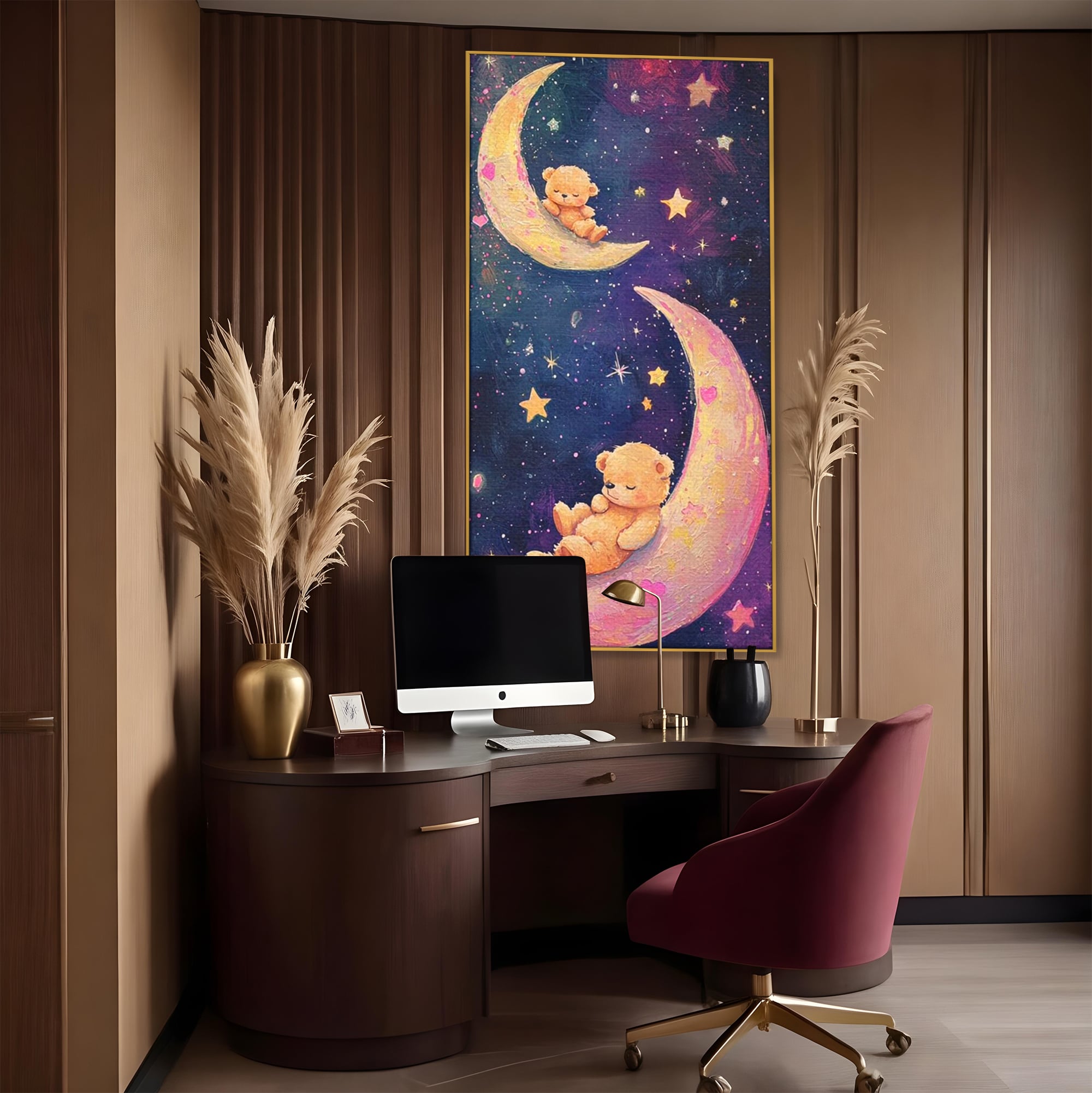 Leinwandbilder Premium, LuxCanva® K1053, Schlafen Sie ruhig unter den Sternen, Teddybären, Halbmond, Mond, Sterne, Nacht, Traum, Wiegenlied, Wiegenlied, Samt, flauschig, rosa, Universum, Kinder, Magie, Pastell, Babyzimmer, Schlafzimmer