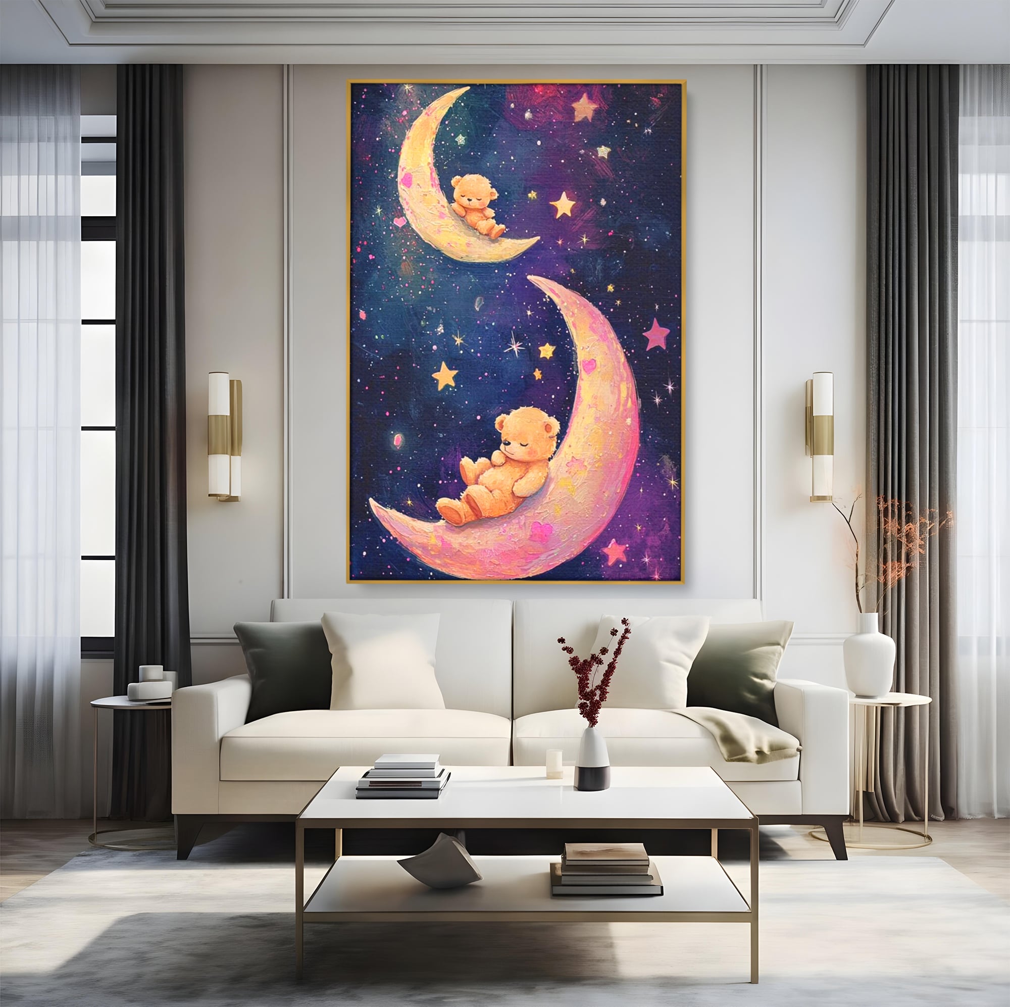 Leinwandbilder Premium, LuxCanva® K1053, Schlafen Sie ruhig unter den Sternen, Teddybären, Halbmond, Mond, Sterne, Nacht, Traum, Wiegenlied, Wiegenlied, Samt, flauschig, rosa, Universum, Kinder, Magie, Pastell, Babyzimmer, Schlafzimmer