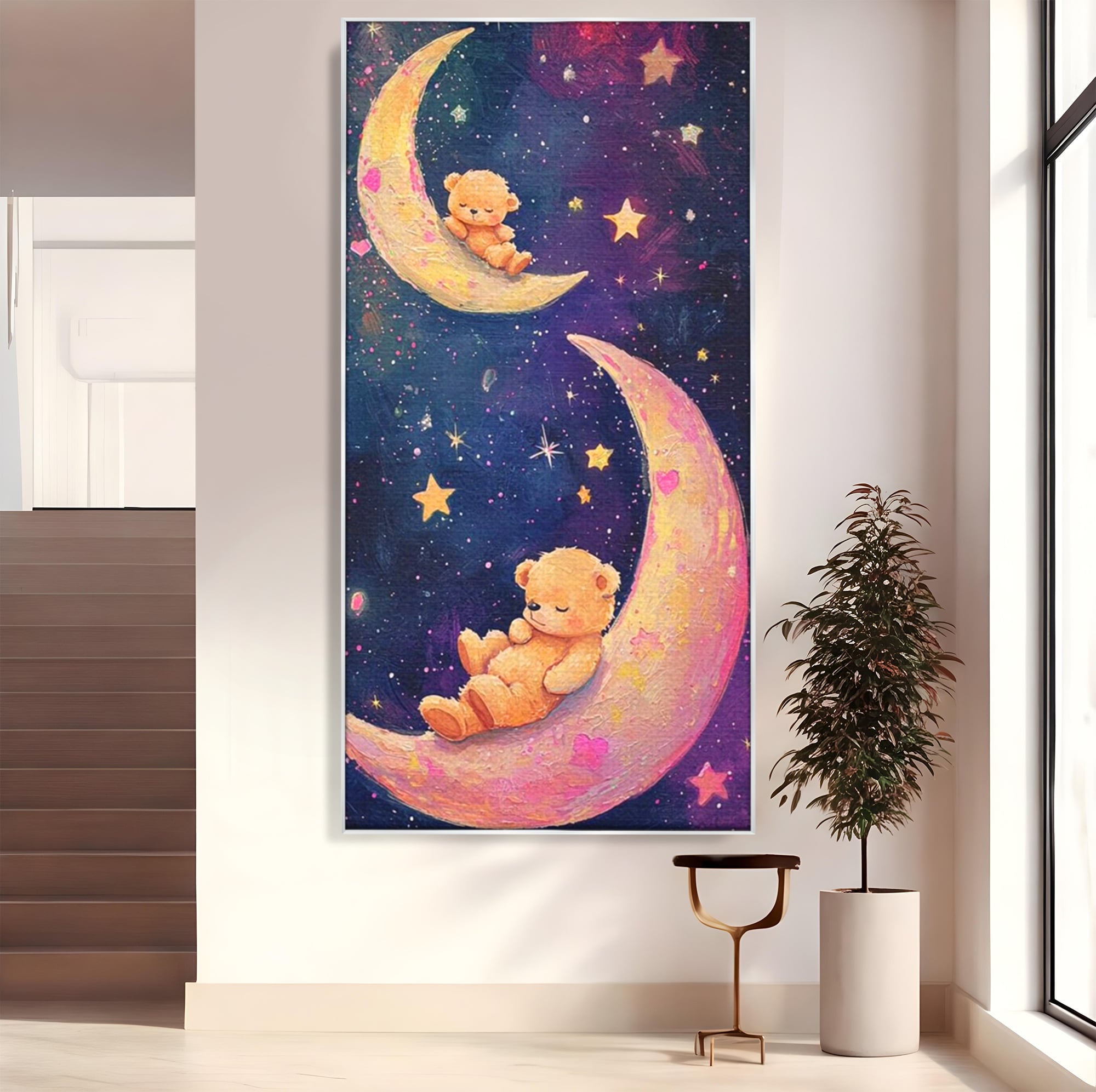 Leinwandbilder Premium, LuxCanva® K1053, Schlafen Sie ruhig unter den Sternen, Teddybären, Halbmond, Mond, Sterne, Nacht, Traum, Wiegenlied, Wiegenlied, Samt, flauschig, rosa, Universum, Kinder, Magie, Pastell, Babyzimmer, Schlafzimmer