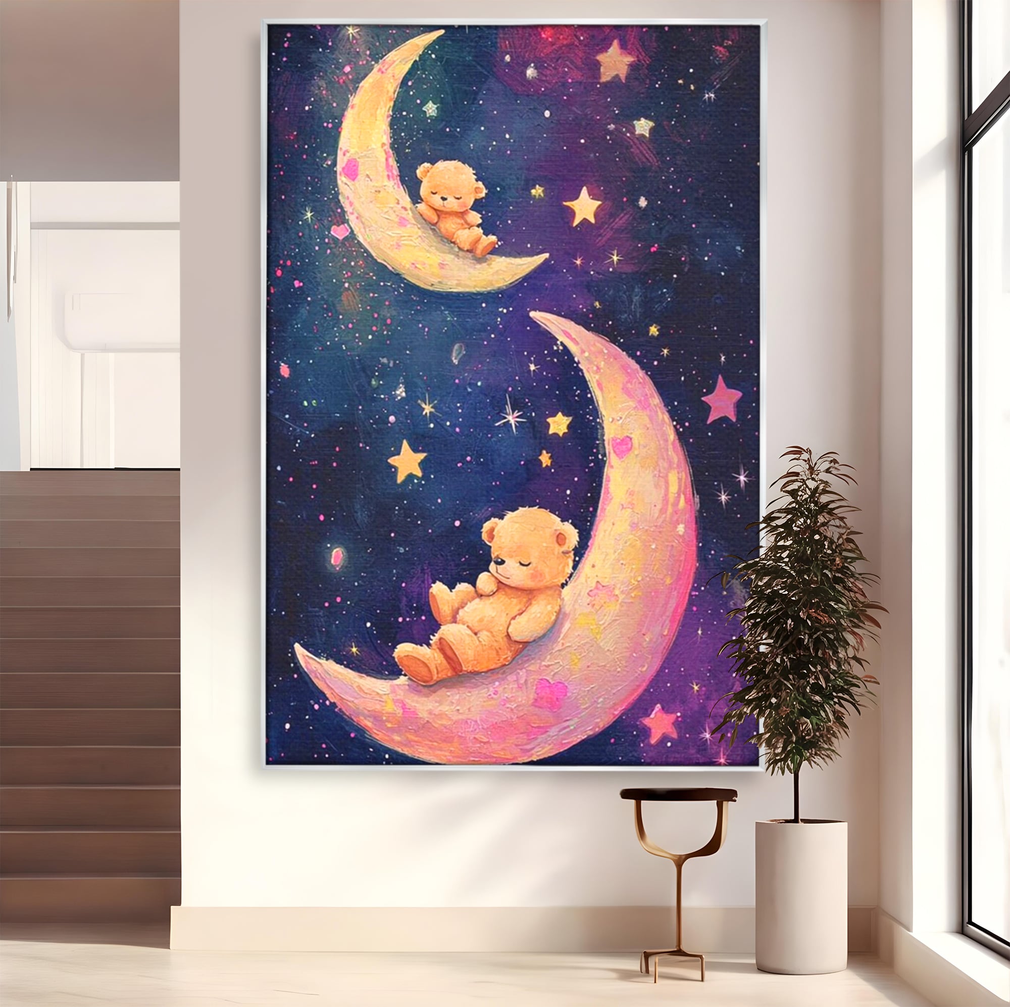 Leinwandbilder Premium, LuxCanva® K1053, Schlafen Sie ruhig unter den Sternen, Teddybären, Halbmond, Mond, Sterne, Nacht, Traum, Wiegenlied, Wiegenlied, Samt, flauschig, rosa, Universum, Kinder, Magie, Pastell, Babyzimmer, Schlafzimmer