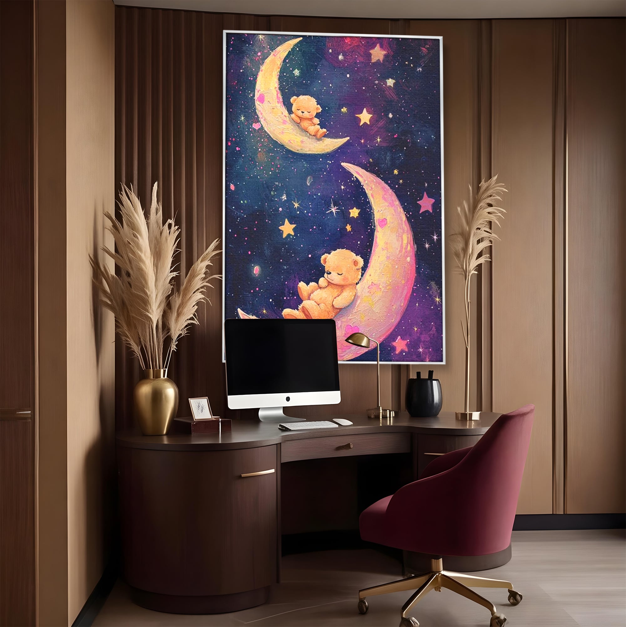 Leinwandbilder Premium, LuxCanva® K1053, Schlafen Sie ruhig unter den Sternen, Teddybären, Halbmond, Mond, Sterne, Nacht, Traum, Wiegenlied, Wiegenlied, Samt, flauschig, rosa, Universum, Kinder, Magie, Pastell, Babyzimmer, Schlafzimmer