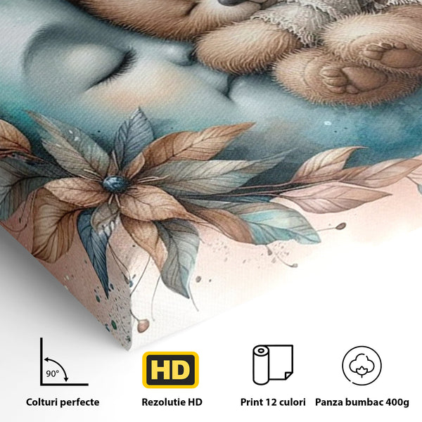 Tablou Canvas Premium, LuxCanva® K1054, In Leaganul Ceresc, Urs, Imbratisare, Luna, Liniste, Ceresc, Protectie, Univers, Albastru, Aurora, Mangaiere, Praf, Stele, Visare, Camera Copil, Dormitor