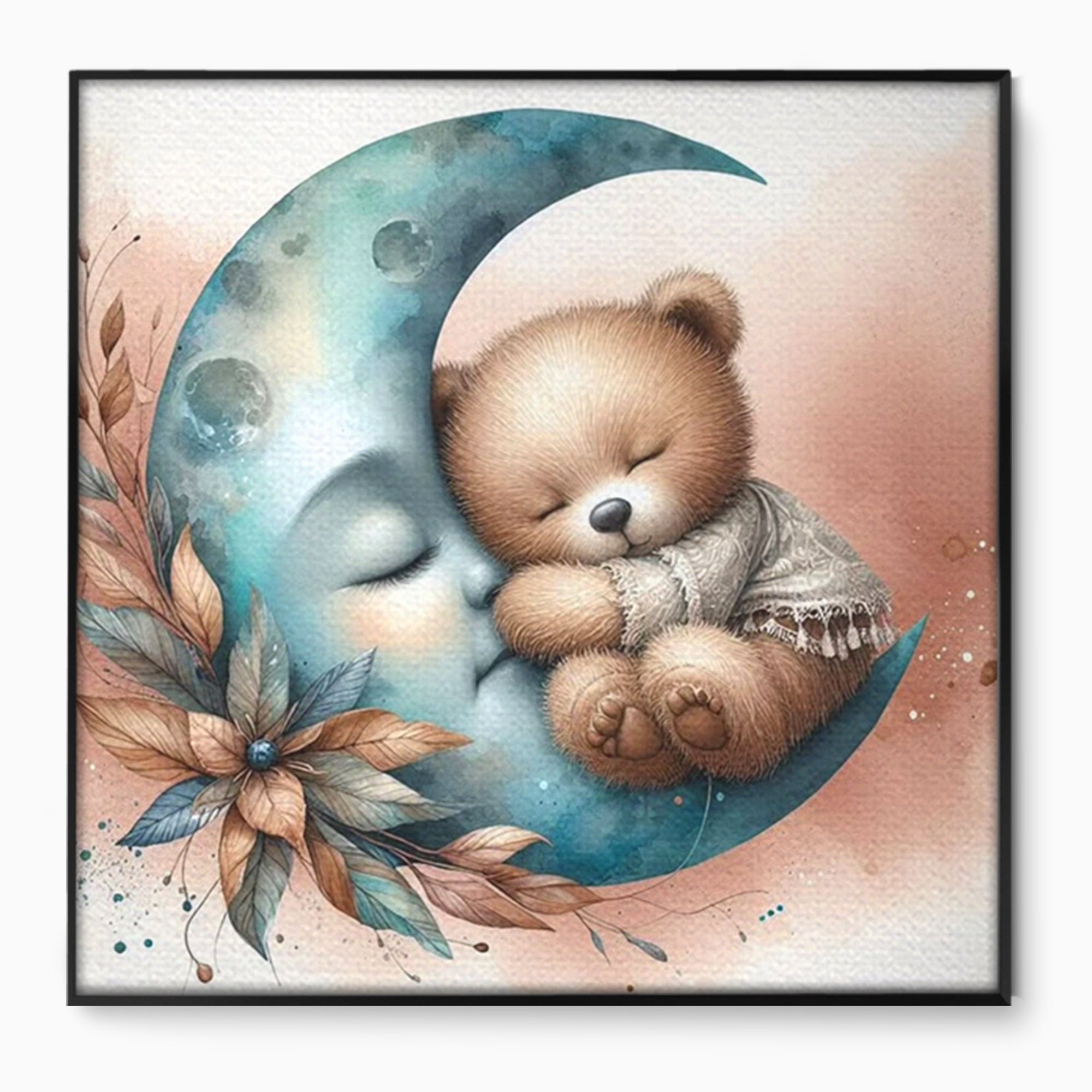 Tablou Canvas Premium, LuxCanva® K1054, In Leaganul Ceresc, Urs, Imbratisare, Luna, Liniste, Ceresc, Protectie, Univers, Albastru, Aurora, Mangaiere, Praf, Stele, Visare, Camera Copil, Dormitor