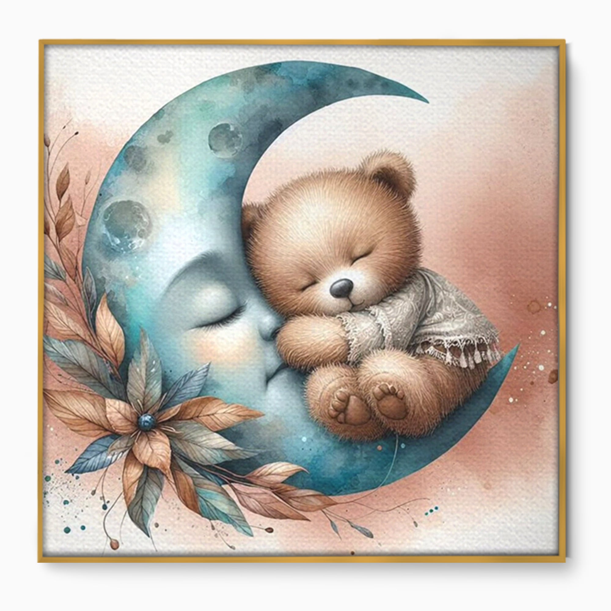 Tablou Canvas Premium, LuxCanva® K1054, In Leaganul Ceresc, Urs, Imbratisare, Luna, Liniste, Ceresc, Protectie, Univers, Albastru, Aurora, Mangaiere, Praf, Stele, Visare, Camera Copil, Dormitor