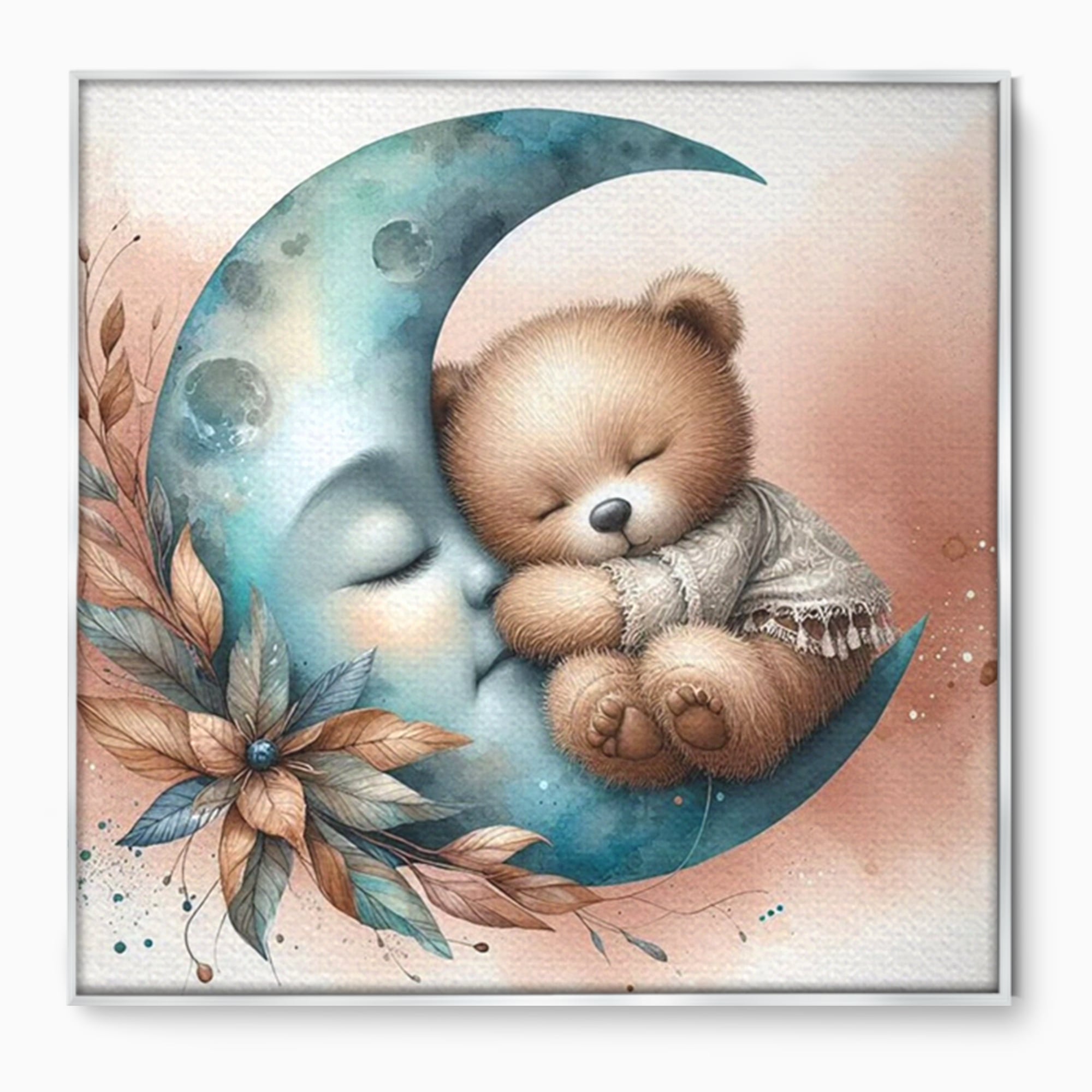Tablou Canvas Premium, LuxCanva® K1054, In Leaganul Ceresc, Urs, Imbratisare, Luna, Liniste, Ceresc, Protectie, Univers, Albastru, Aurora, Mangaiere, Praf, Stele, Visare, Camera Copil, Dormitor