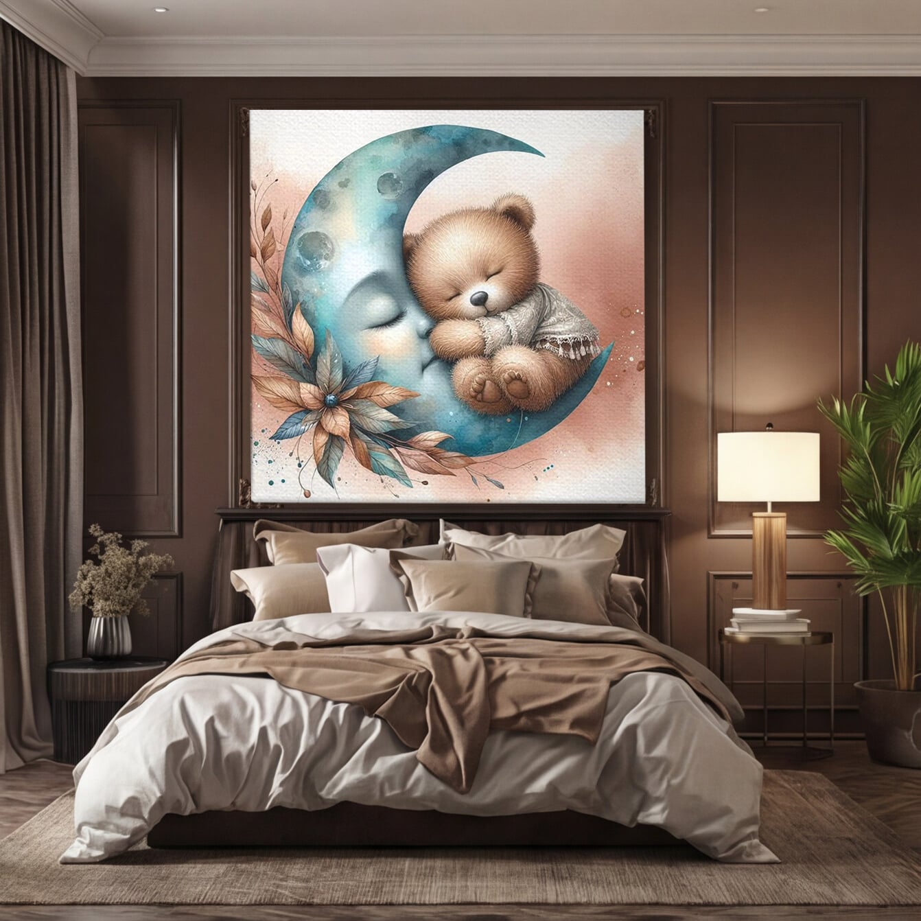 Tablou Canvas Premium, LuxCanva® K1054, In Leaganul Ceresc, Urs, Imbratisare, Luna, Liniste, Ceresc, Protectie, Univers, Albastru, Aurora, Mangaiere, Praf, Stele, Visare, Camera Copil, Dormitor