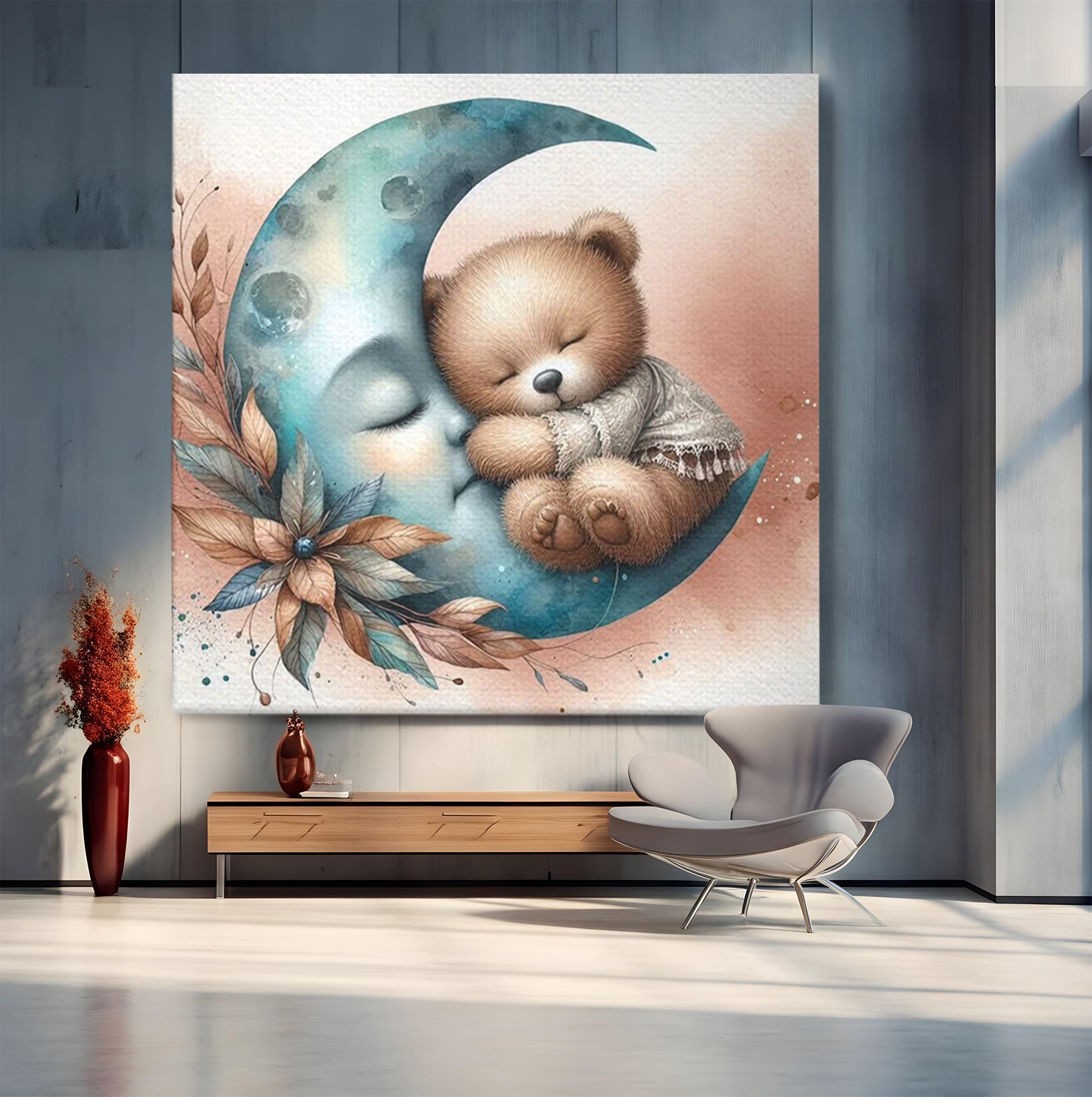 Tablou Canvas Premium, LuxCanva® K1054, In Leaganul Ceresc, Urs, Imbratisare, Luna, Liniste, Ceresc, Protectie, Univers, Albastru, Aurora, Mangaiere, Praf, Stele, Visare, Camera Copil, Dormitor