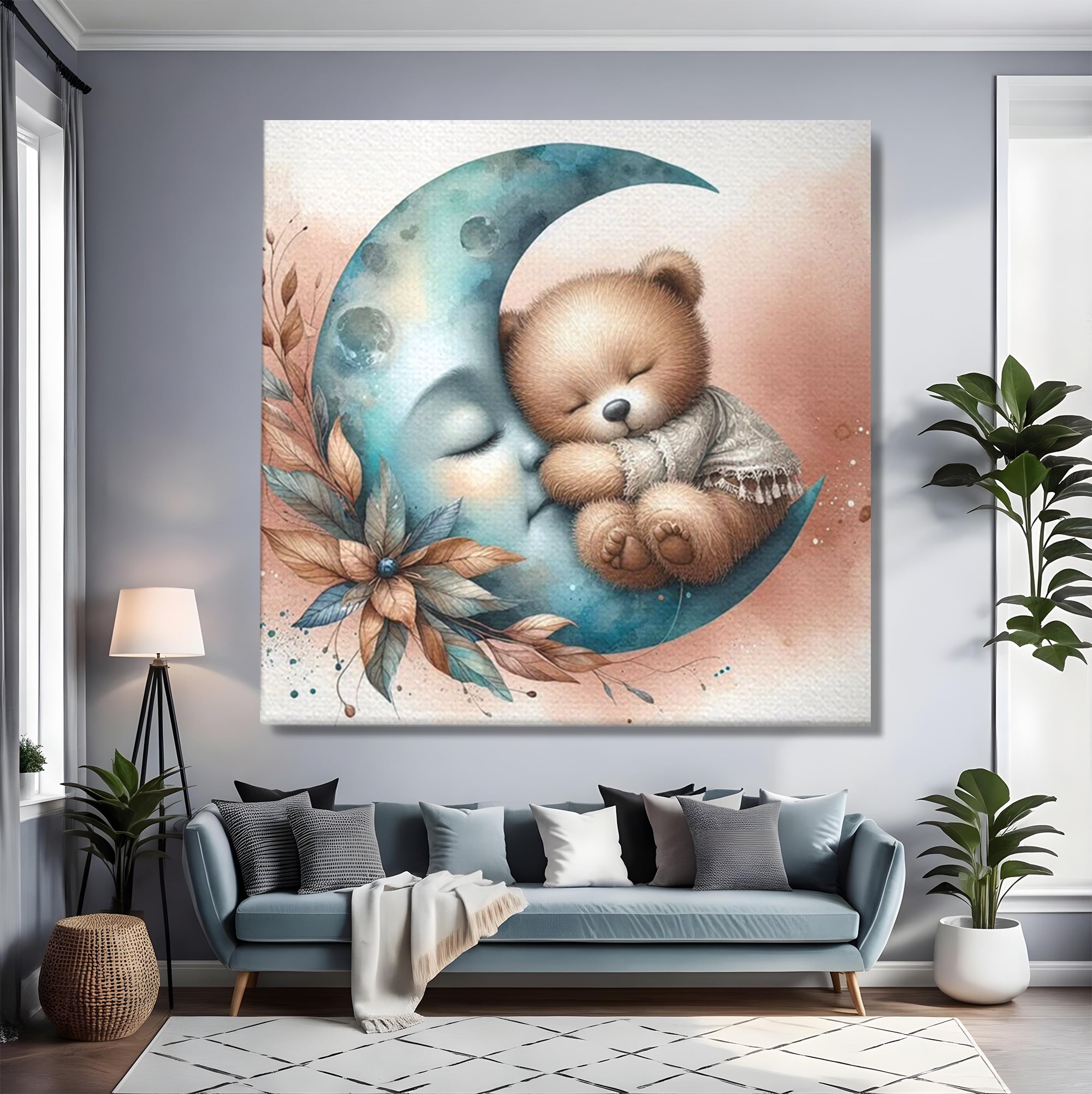 Tablou Canvas Premium, LuxCanva® K1054, In Leaganul Ceresc, Urs, Imbratisare, Luna, Liniste, Ceresc, Protectie, Univers, Albastru, Aurora, Mangaiere, Praf, Stele, Visare, Camera Copil, Dormitor