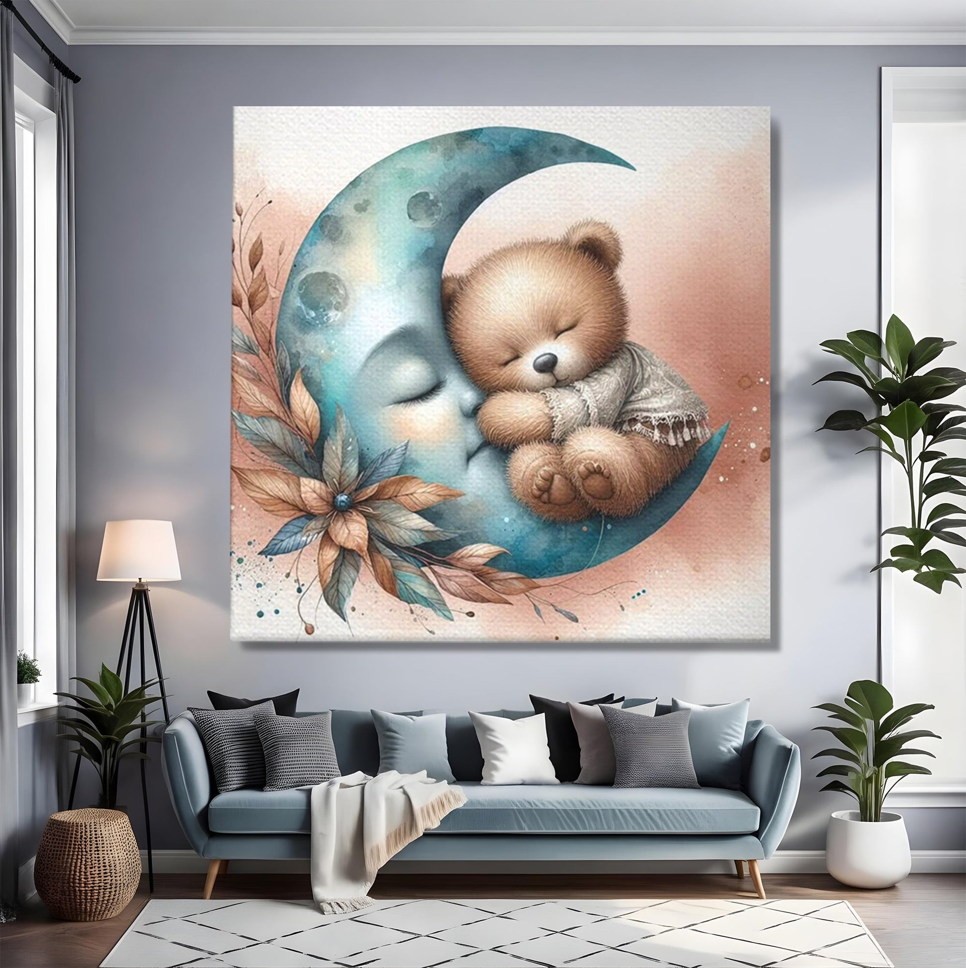 Tablou Canvas Premium, LuxCanva® K1054, In Leaganul Ceresc, Urs, Imbratisare, Luna, Liniste, Ceresc, Protectie, Univers, Albastru, Aurora, Mangaiere, Praf, Stele, Visare, Camera Copil, Dormitor