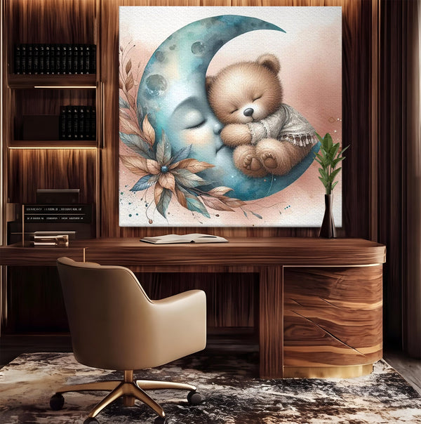 Tablou Canvas Premium, LuxCanva® K1054, In Leaganul Ceresc, Urs, Imbratisare, Luna, Liniste, Ceresc, Protectie, Univers, Albastru, Aurora, Mangaiere, Praf, Stele, Visare, Camera Copil, Dormitor