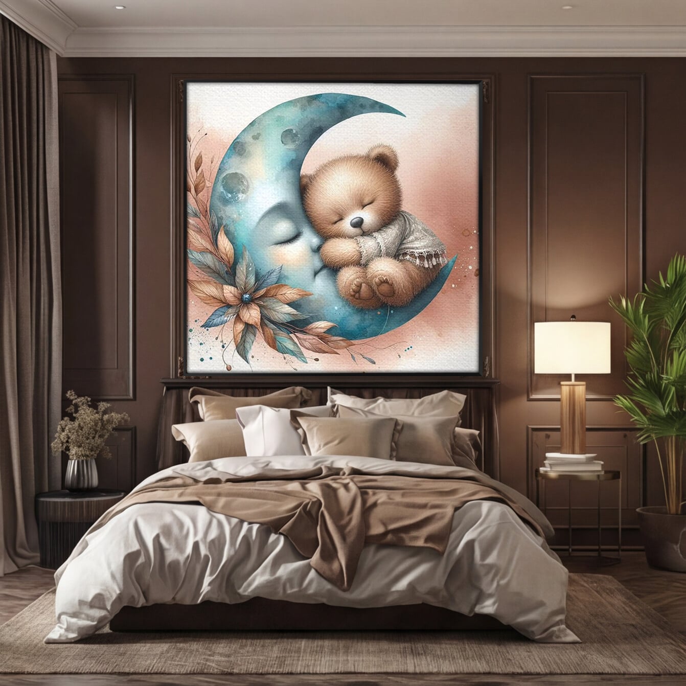Tablou Canvas Premium, LuxCanva® K1054, In Leaganul Ceresc, Urs, Imbratisare, Luna, Liniste, Ceresc, Protectie, Univers, Albastru, Aurora, Mangaiere, Praf, Stele, Visare, Camera Copil, Dormitor