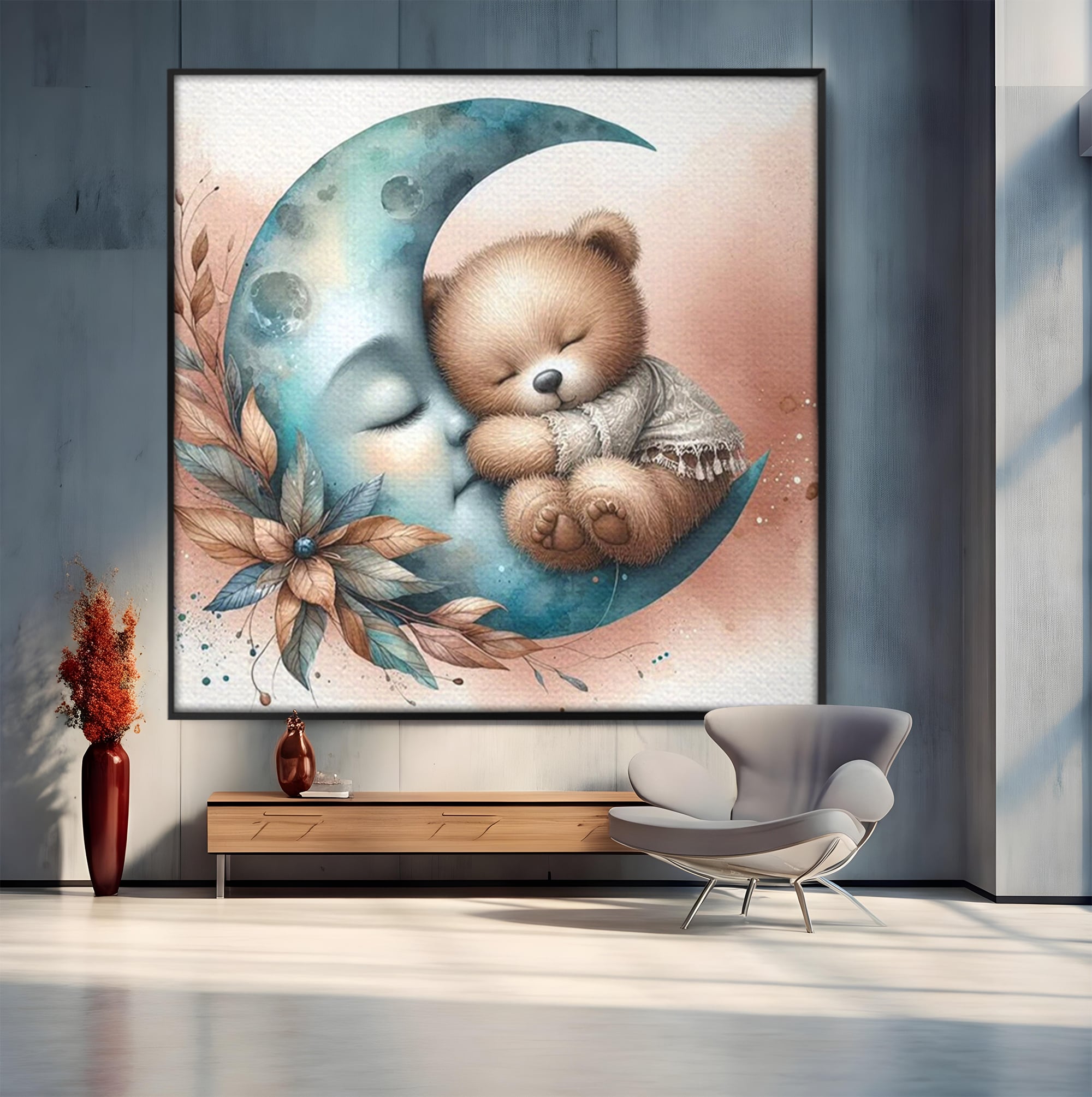 Tablou Canvas Premium, LuxCanva® K1054, In Leaganul Ceresc, Urs, Imbratisare, Luna, Liniste, Ceresc, Protectie, Univers, Albastru, Aurora, Mangaiere, Praf, Stele, Visare, Camera Copil, Dormitor