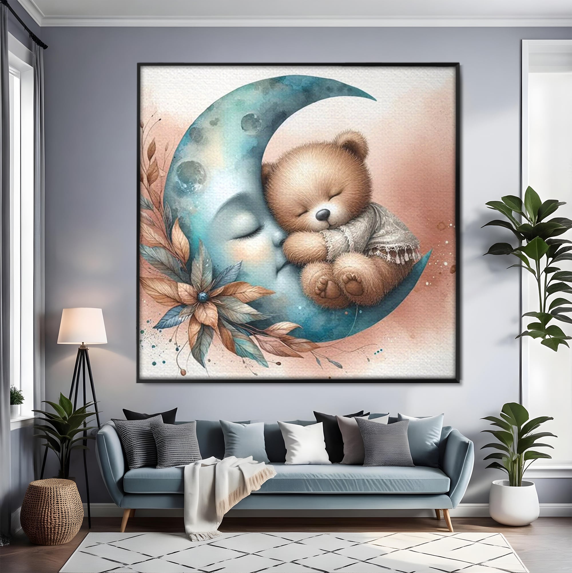 Tablou Canvas Premium, LuxCanva® K1054, In Leaganul Ceresc, Urs, Imbratisare, Luna, Liniste, Ceresc, Protectie, Univers, Albastru, Aurora, Mangaiere, Praf, Stele, Visare, Camera Copil, Dormitor