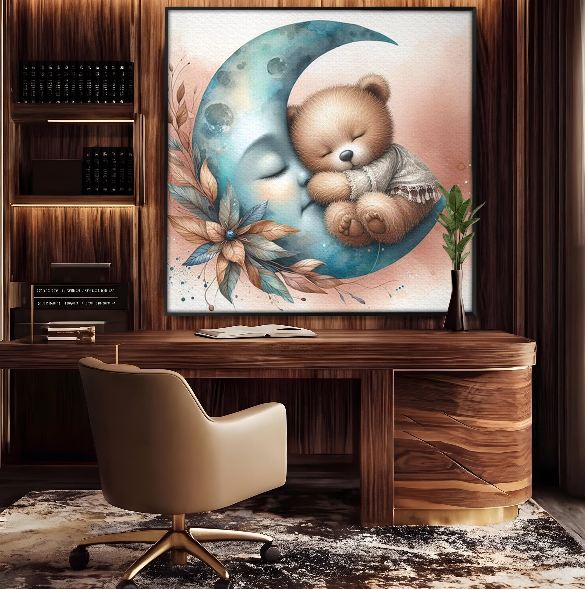 Tablou Canvas Premium, LuxCanva® K1054, In Leaganul Ceresc, Urs, Imbratisare, Luna, Liniste, Ceresc, Protectie, Univers, Albastru, Aurora, Mangaiere, Praf, Stele, Visare, Camera Copil, Dormitor