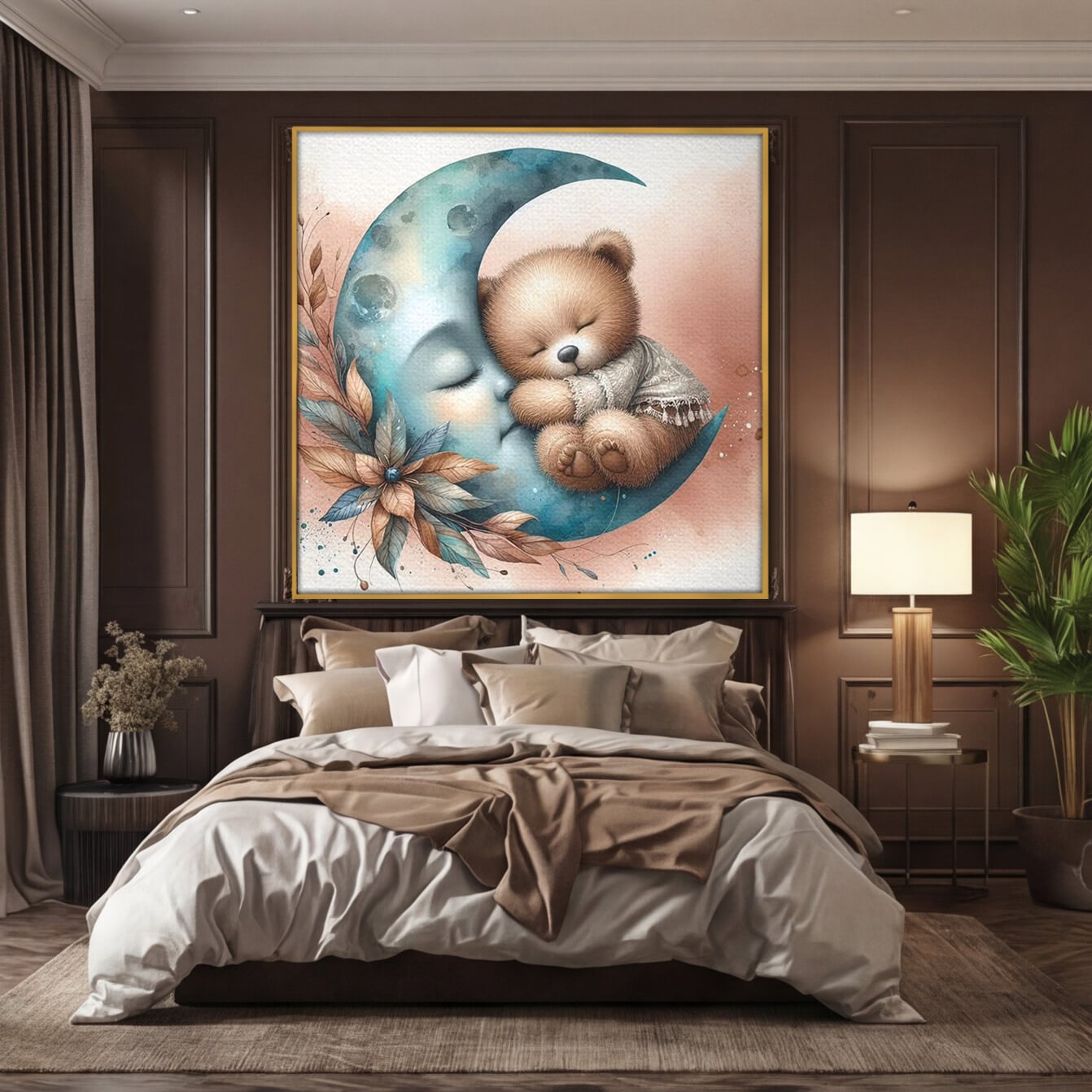 Tablou Canvas Premium, LuxCanva® K1054, In Leaganul Ceresc, Urs, Imbratisare, Luna, Liniste, Ceresc, Protectie, Univers, Albastru, Aurora, Mangaiere, Praf, Stele, Visare, Camera Copil, Dormitor