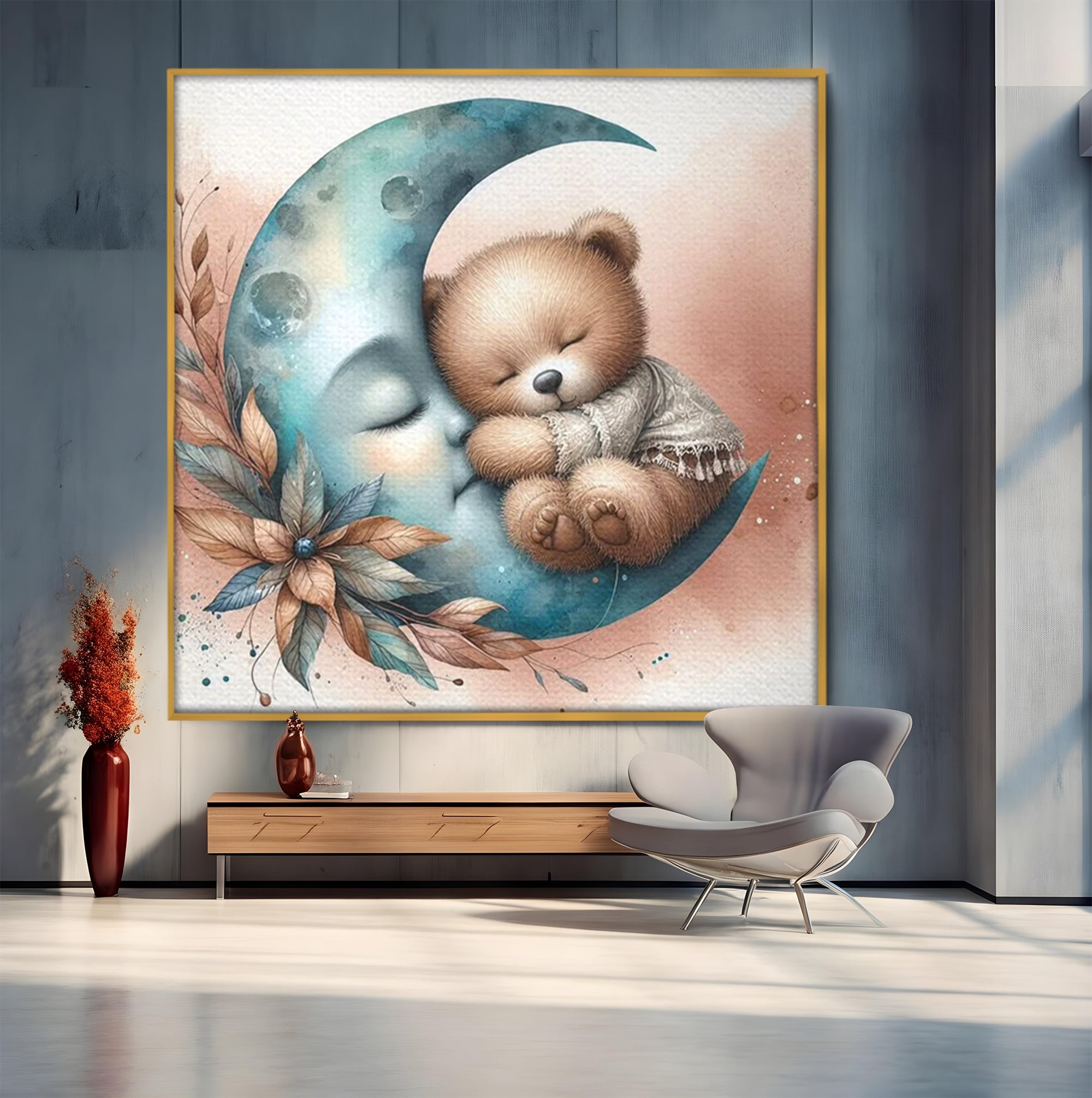 Tablou Canvas Premium, LuxCanva® K1054, In Leaganul Ceresc, Urs, Imbratisare, Luna, Liniste, Ceresc, Protectie, Univers, Albastru, Aurora, Mangaiere, Praf, Stele, Visare, Camera Copil, Dormitor