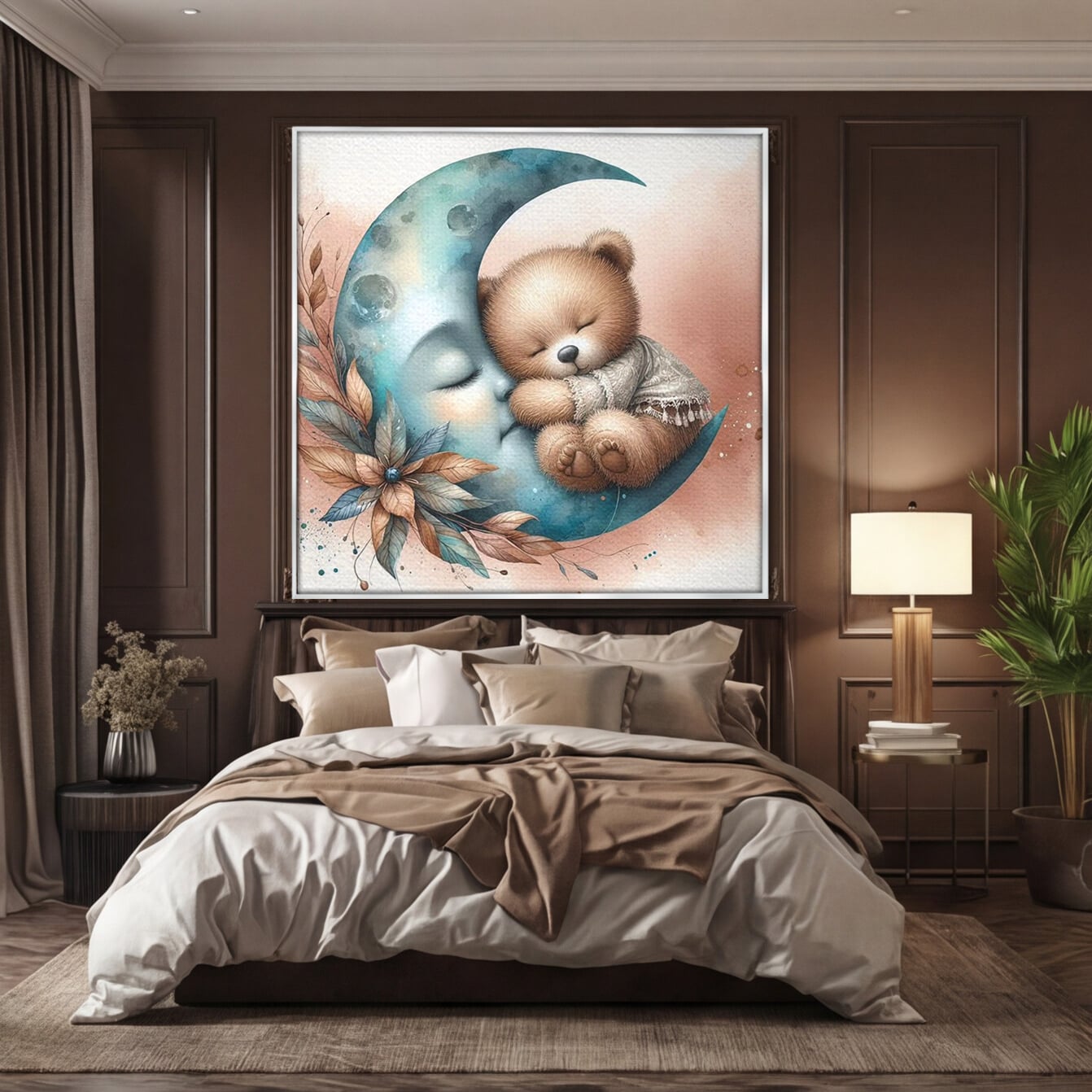 Tablou Canvas Premium, LuxCanva® K1054, In Leaganul Ceresc, Urs, Imbratisare, Luna, Liniste, Ceresc, Protectie, Univers, Albastru, Aurora, Mangaiere, Praf, Stele, Visare, Camera Copil, Dormitor