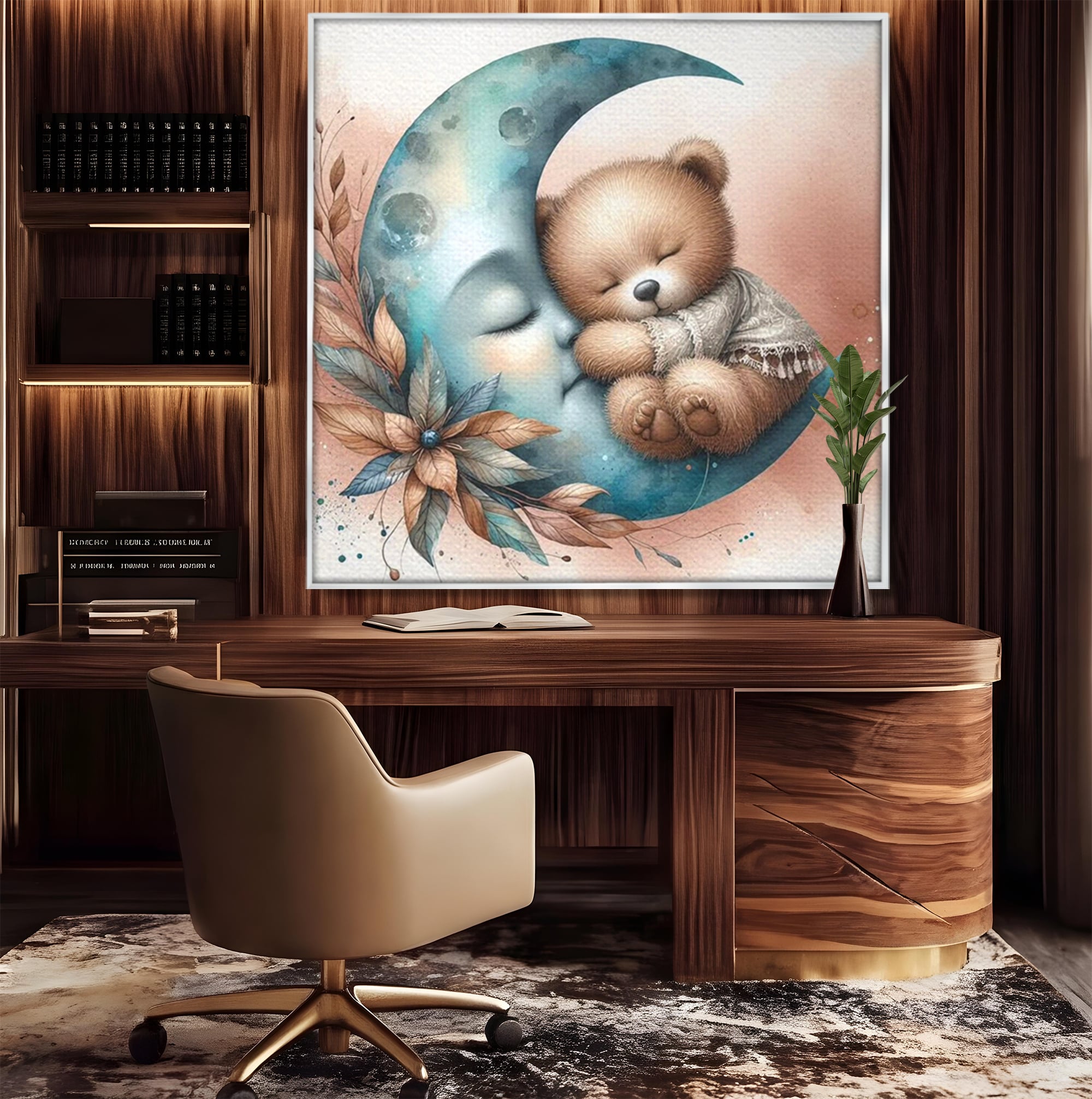 Tablou Canvas Premium, LuxCanva® K1054, In Leaganul Ceresc, Urs, Imbratisare, Luna, Liniste, Ceresc, Protectie, Univers, Albastru, Aurora, Mangaiere, Praf, Stele, Visare, Camera Copil, Dormitor