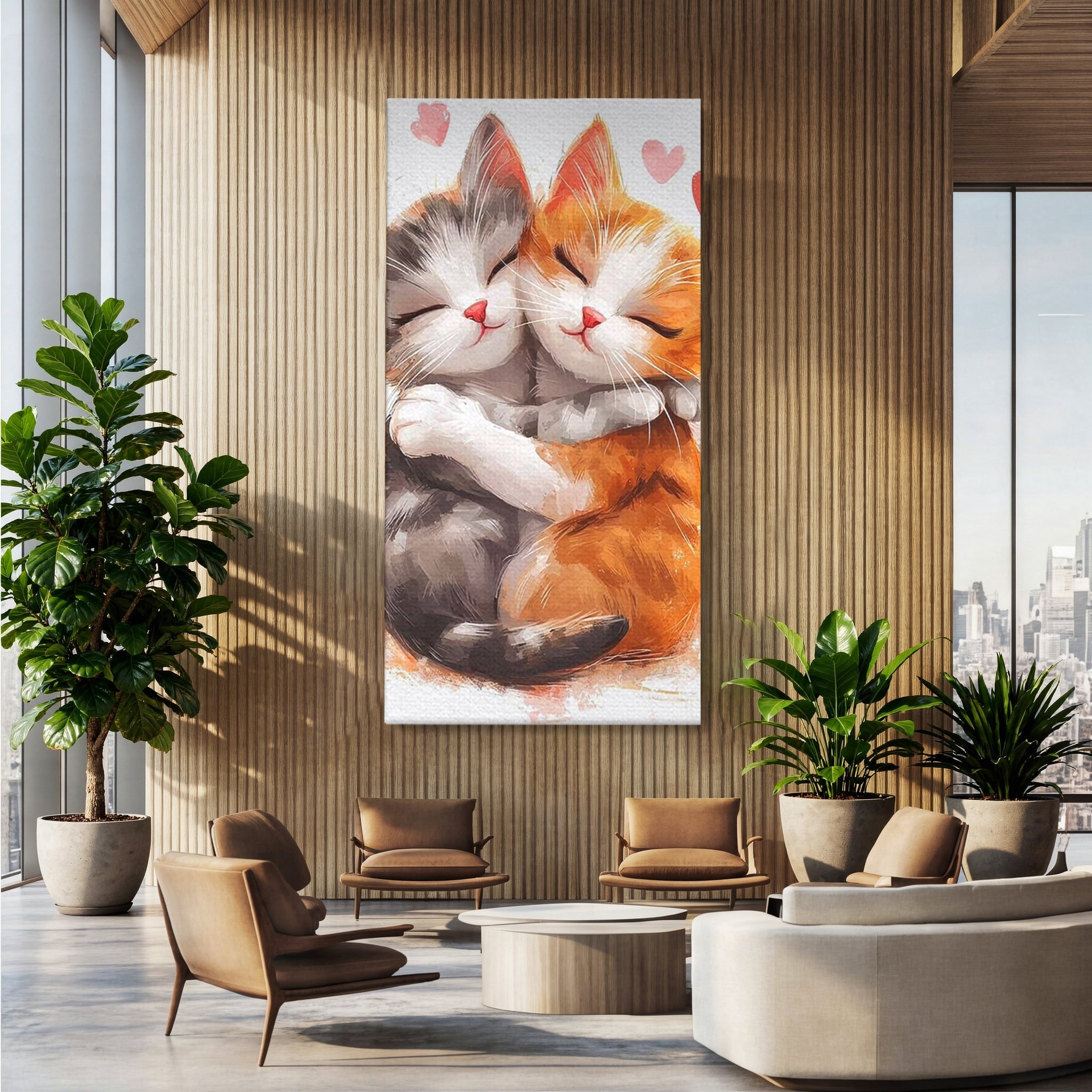 Tablou Canvas Premium, LuxCanva® K1055, Prietenie Pufoasa, Pisicute, Iubire, Inimioare, Imbratisare, Copilarie, Dragalas, Camera Copil, Dormitor