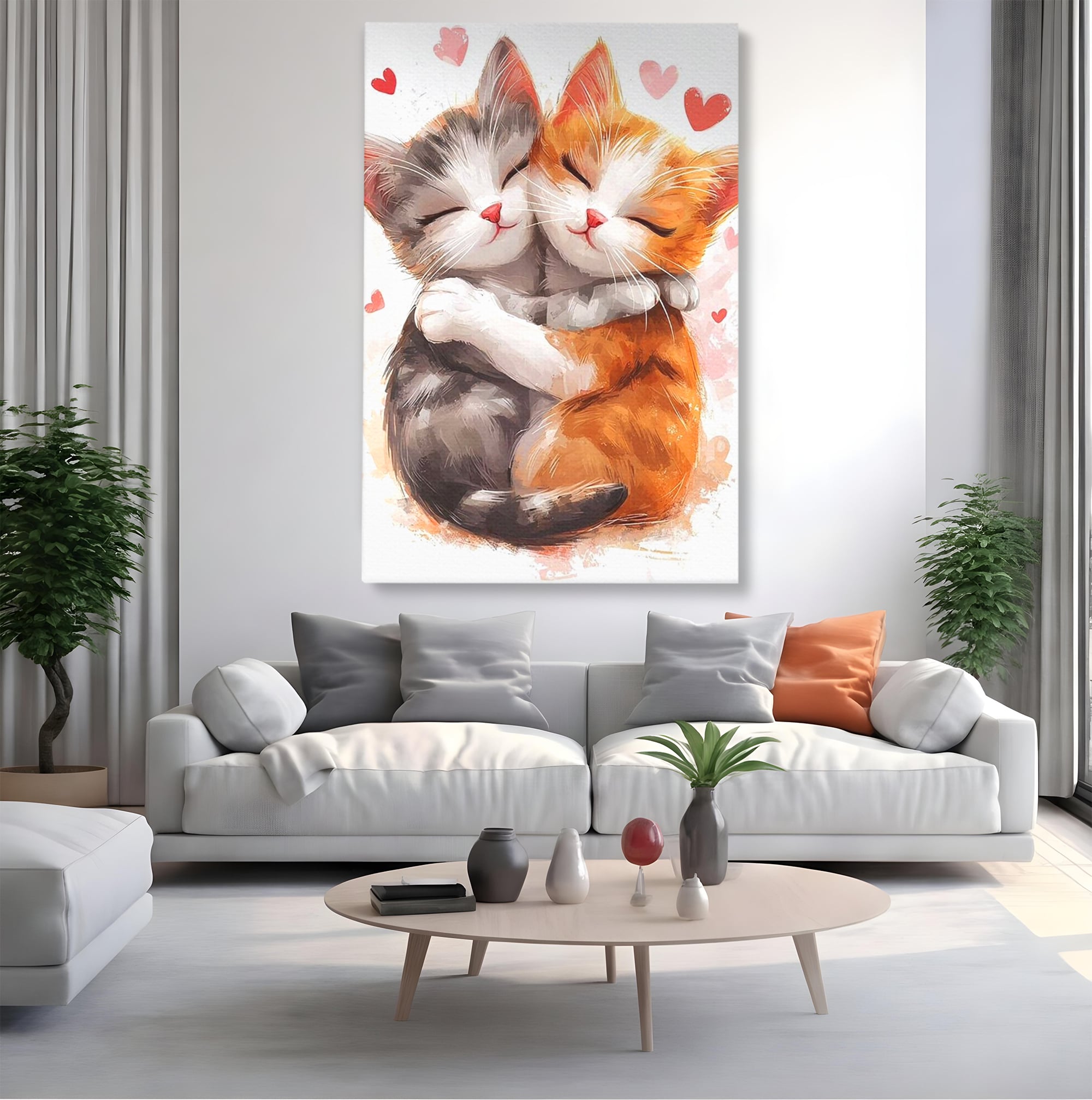 Tablou Canvas Premium, LuxCanva® K1055, Prietenie Pufoasa, Pisicute, Iubire, Inimioare, Imbratisare, Copilarie, Dragalas, Camera Copil, Dormitor