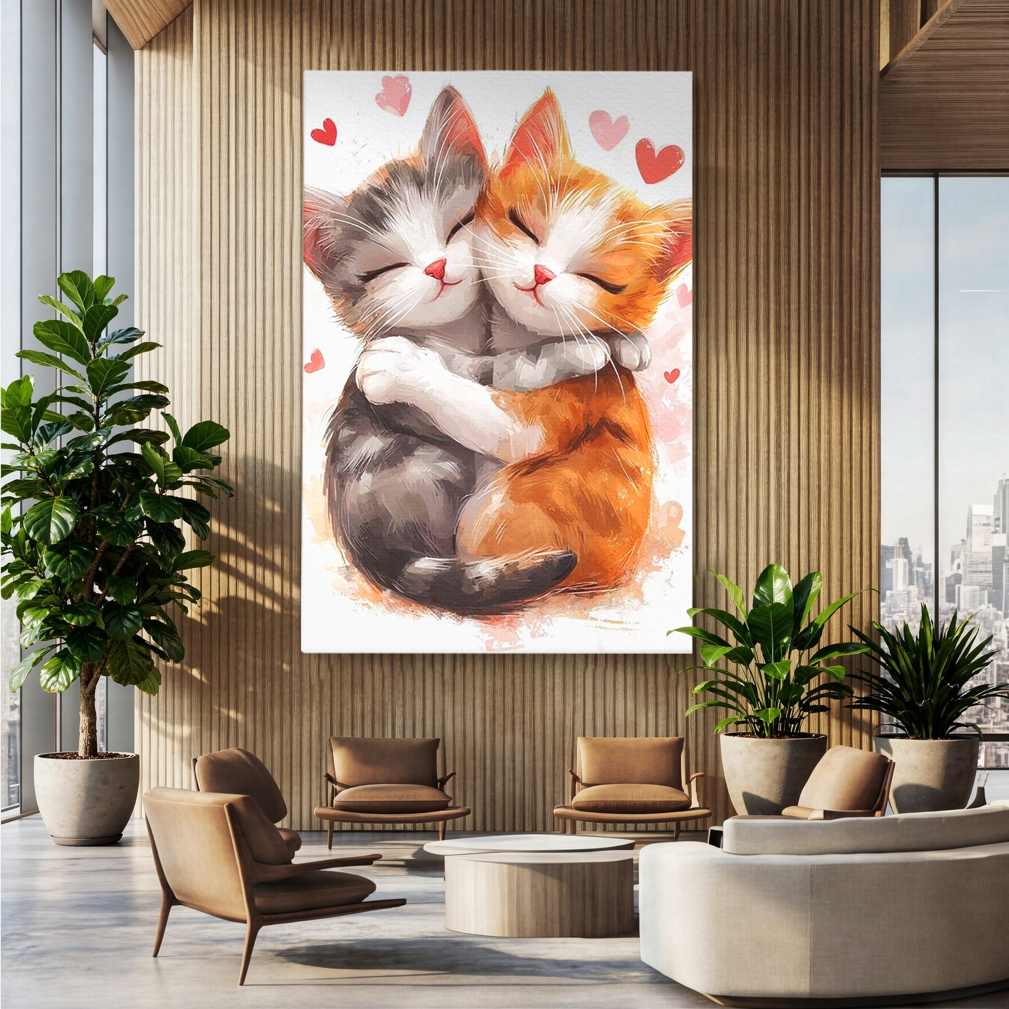 Tablou Canvas Premium, LuxCanva® K1055, Prietenie Pufoasa, Pisicute, Iubire, Inimioare, Imbratisare, Copilarie, Dragalas, Camera Copil, Dormitor