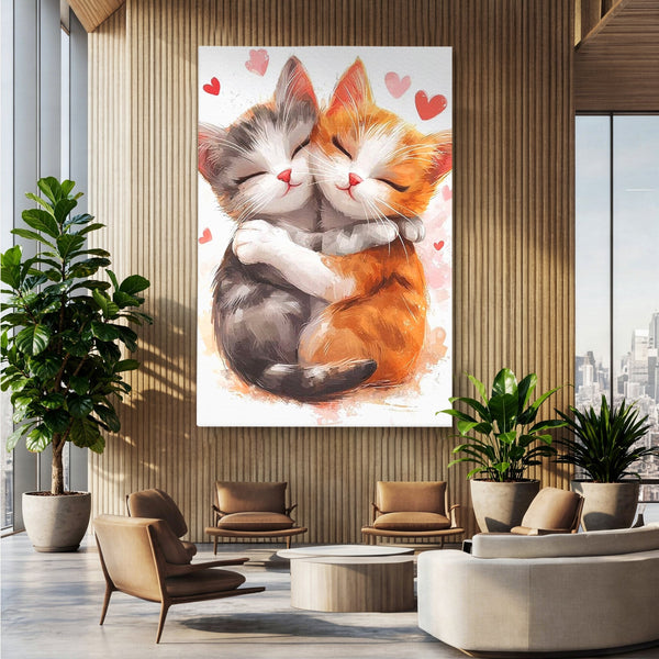 Tablou Canvas Premium, LuxCanva® K1055, Prietenie Pufoasa, Pisicute, Iubire, Inimioare, Imbratisare, Copilarie, Dragalas, Camera Copil, Dormitor