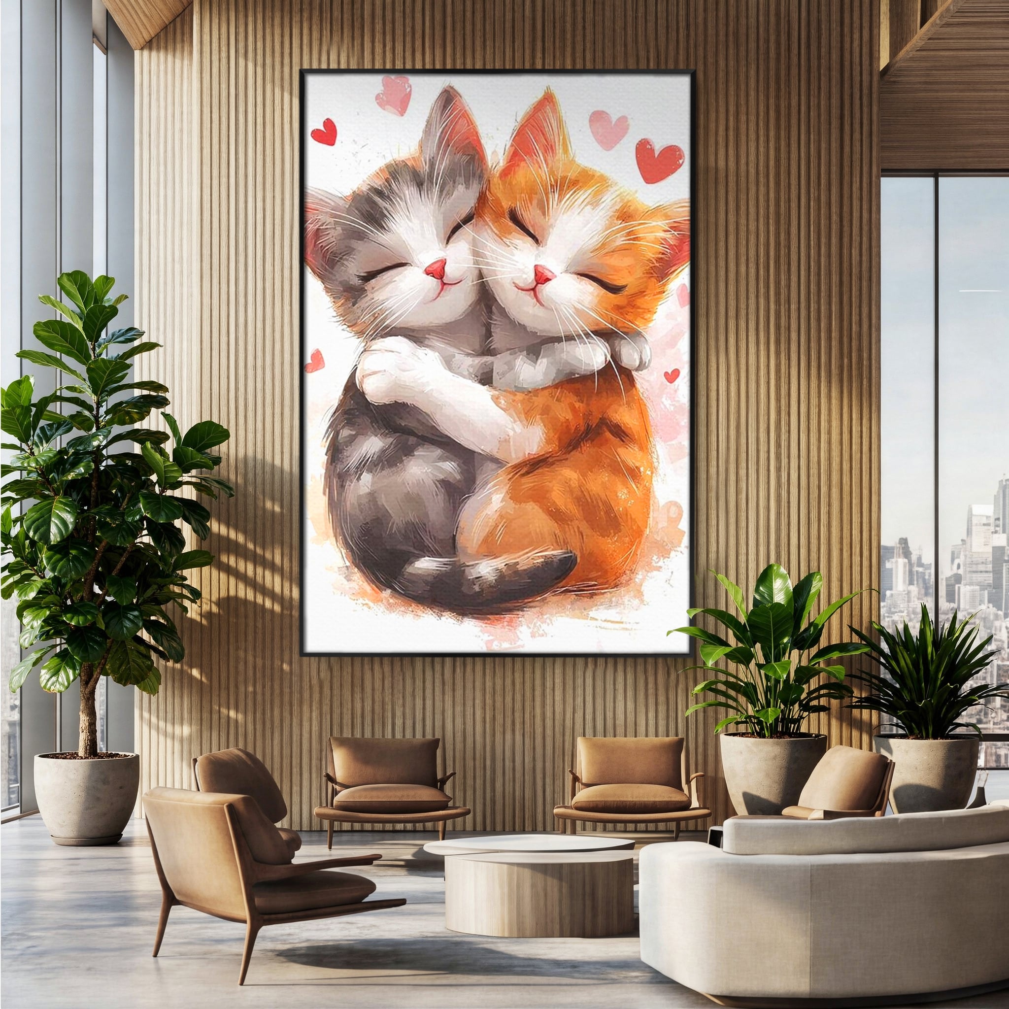 Tablou Canvas Premium, LuxCanva® K1055, Prietenie Pufoasa, Pisicute, Iubire, Inimioare, Imbratisare, Copilarie, Dragalas, Camera Copil, Dormitor
