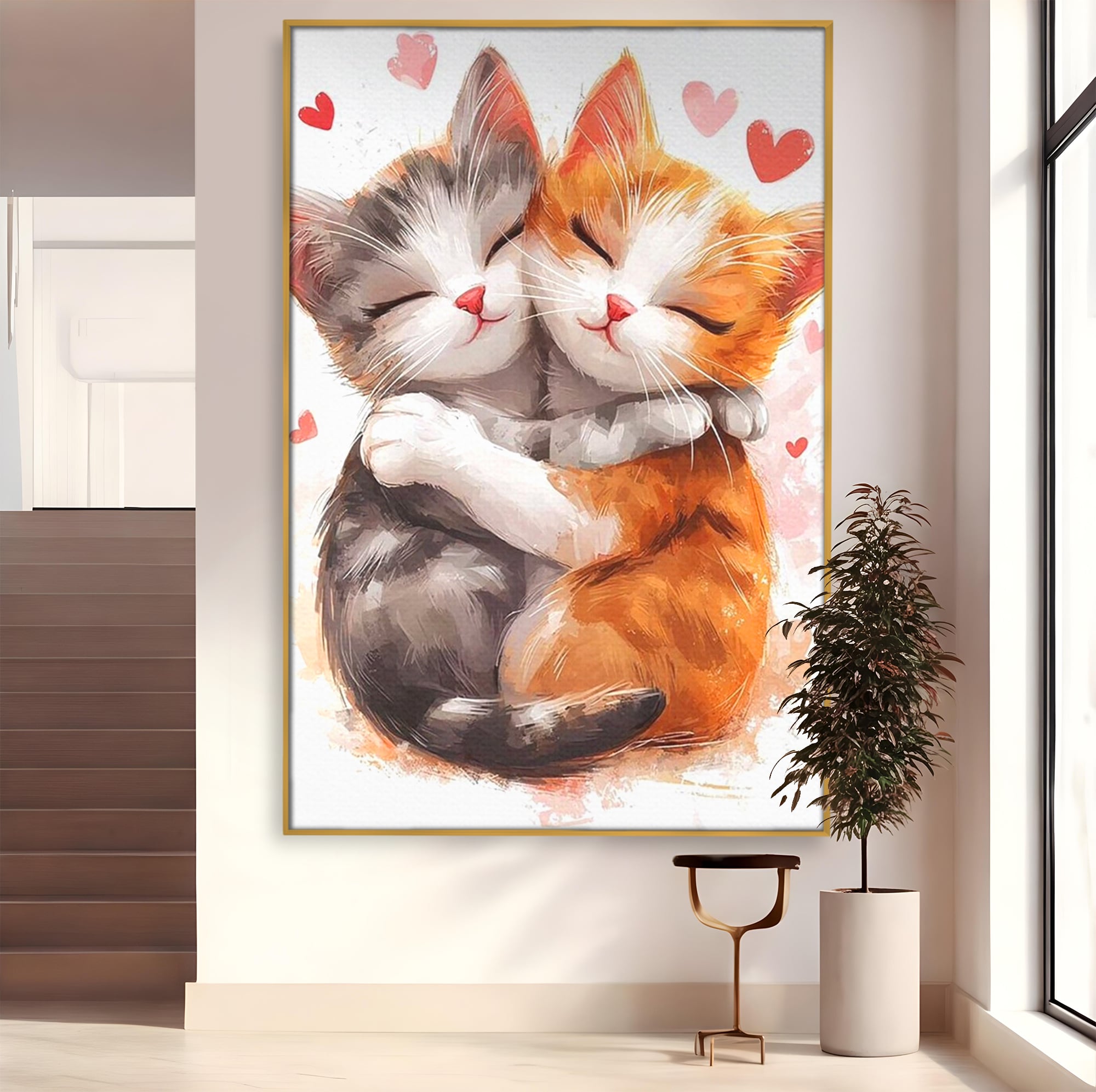 Tablou Canvas Premium, LuxCanva® K1055, Prietenie Pufoasa, Pisicute, Iubire, Inimioare, Imbratisare, Copilarie, Dragalas, Camera Copil, Dormitor