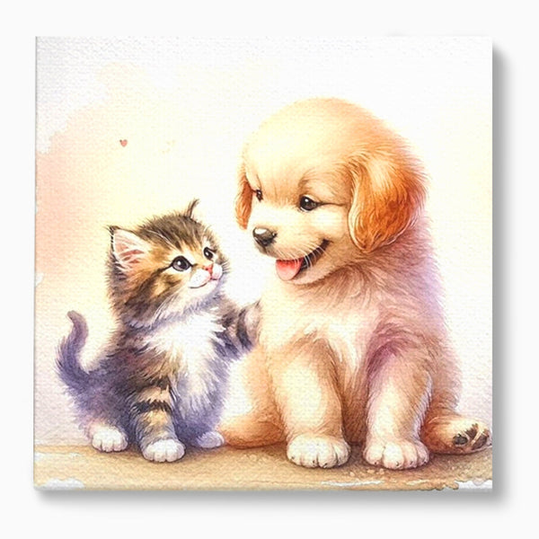 Leinwand Wandkunst Leinwand Wandkunst Premium, LuxCanva® K1056, Kleine Entdecker, Freundschaft, Welpe, Kätzchen, spielen, verspielt, verspielt, Huhn, Unschuld, Babyzimmer, Schlafzimmer